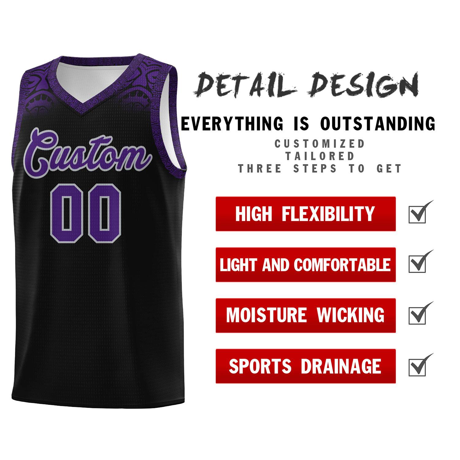 Custom Black Purple Personalized Indians Print Kits Sports Uniform Basketball Jersey|KXKSHOP