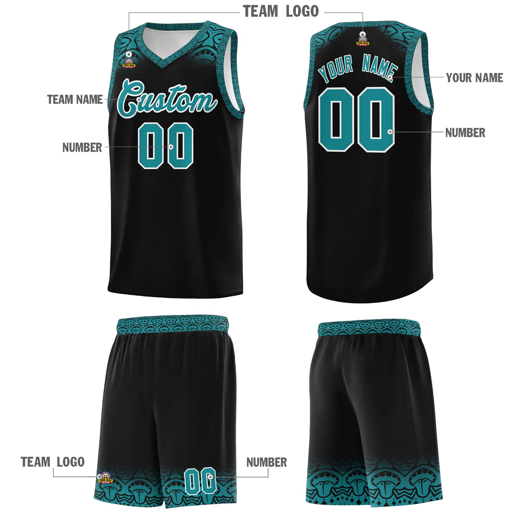 Custom Black Aqua Personalized Indians Print Kits Sports Uniform Basketball Jersey|KXKSHOP