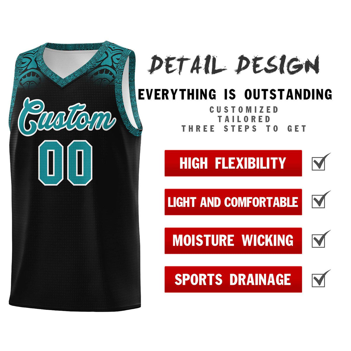 Custom Black Aqua Personalized Indians Print Kits Sports Uniform Basketball Jersey|KXKSHOP