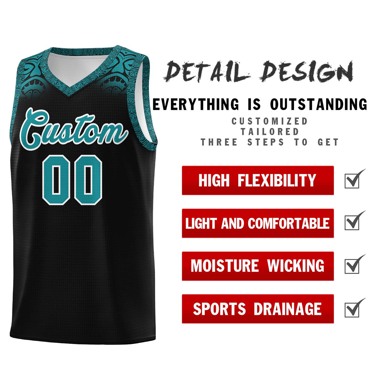 Custom Black Aqua Personalized Indians Print Kits Sports Uniform Basketball Jersey|KXKSHOP