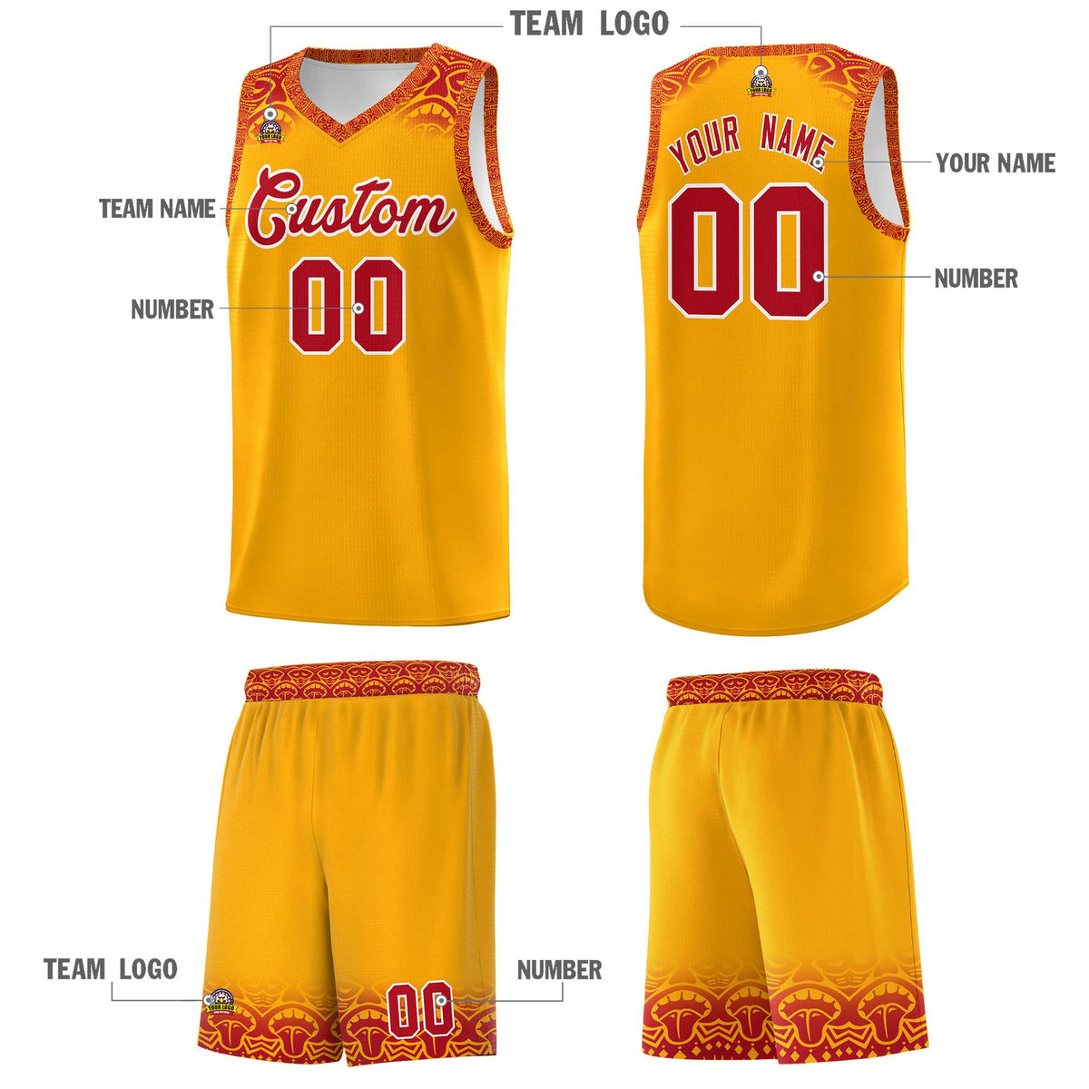 Custom Yellow Red Personalized Indians Print Kits Sports Uniform Basketball Jersey|KXKSHOP