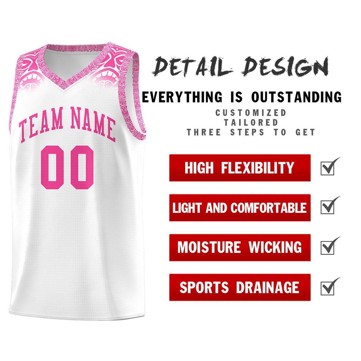 Custom White Pink Personalized Indians Print Kits Sports Uniform Basketball Jersey|KXKSHOP