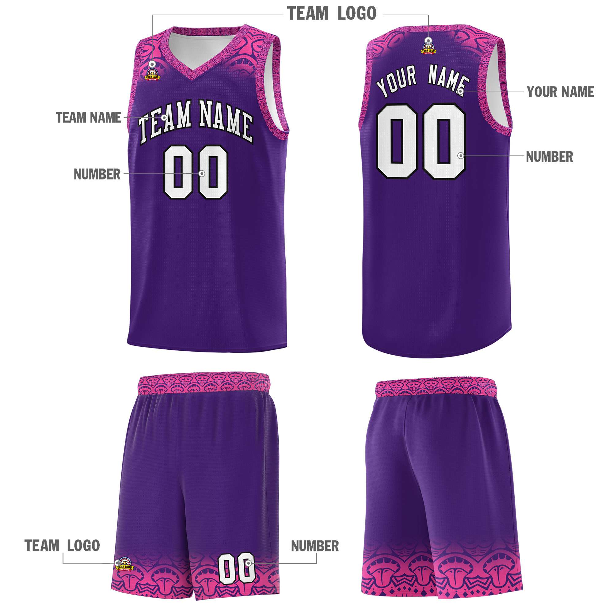 Custom Purple Pink Personalized Indians Print Kits Sports Uniform Basketball Jersey|KXKSHOP