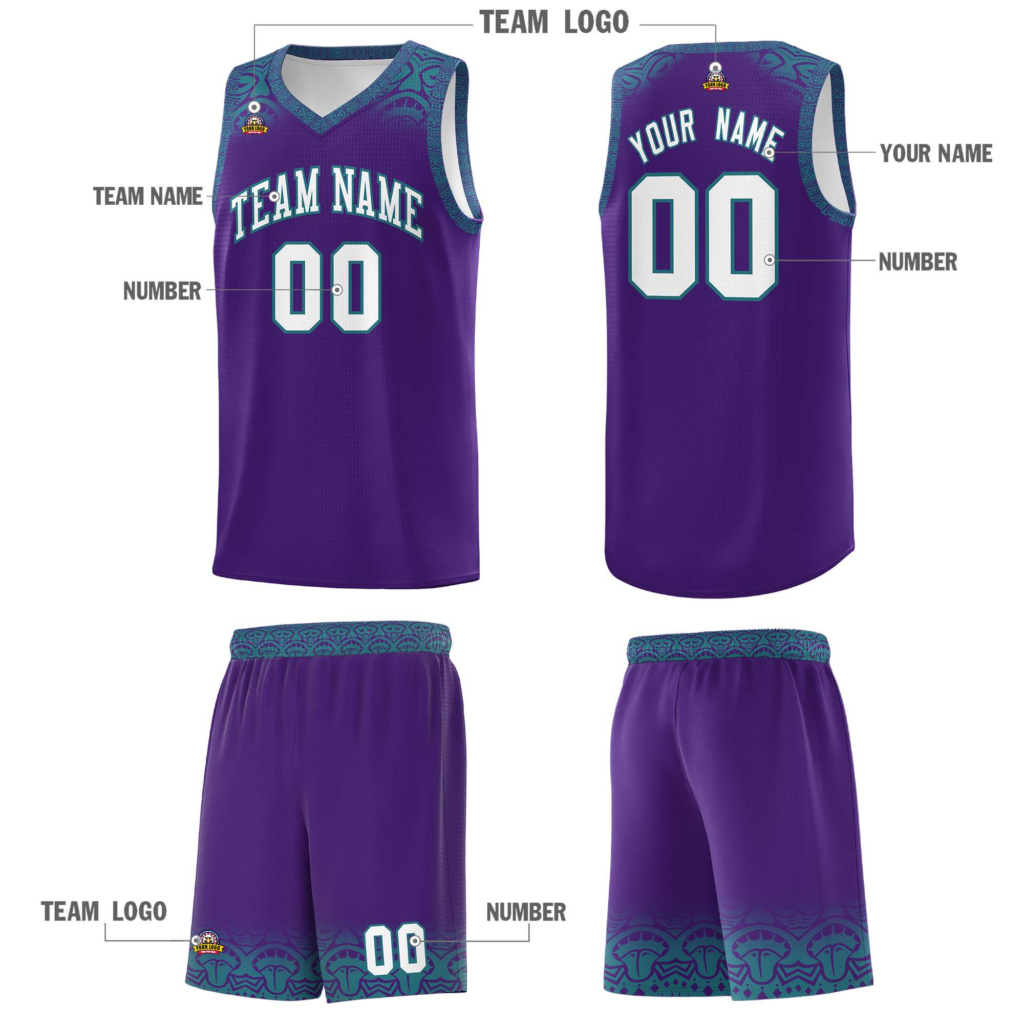 Custom Purple Aqua Personalized Indians Print Kits Sports Uniform Basketball Jersey|KXKSHOP