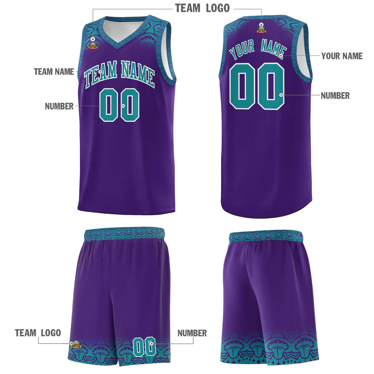 Custom Purple Aqua Personalized Indians Print Kits Sports Uniform Basketball Jersey|KXKSHOP