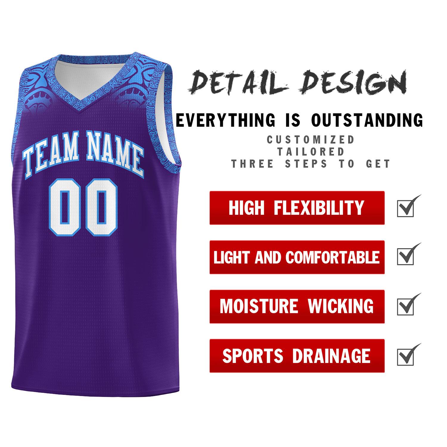 Custom Purple Powder Blue Personalized Indians Print Kits Sports Uniform Basketball Jersey|KXKSHOP