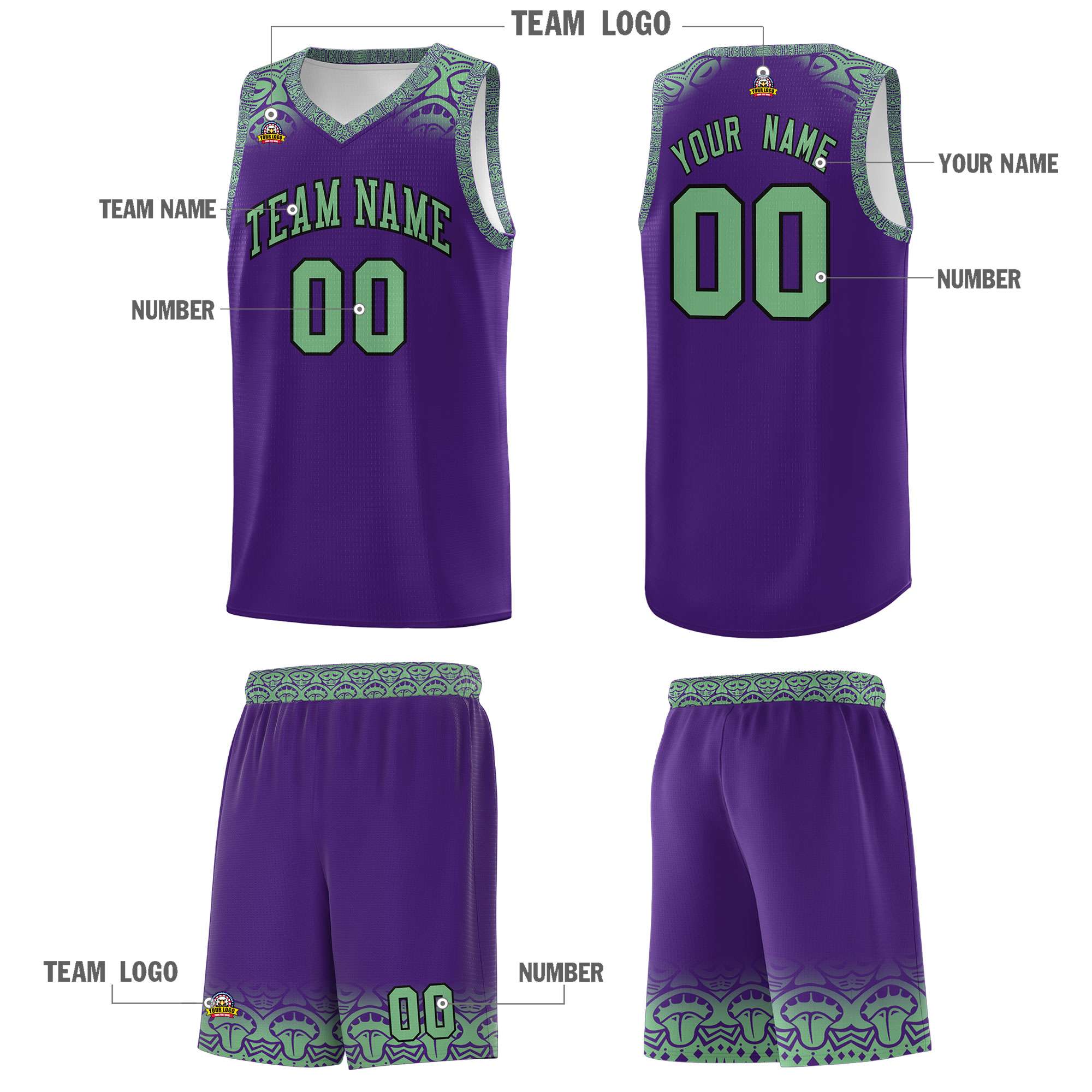 Custom Purple Green Personalized Indians Print Kits Sports Uniform Basketball Jersey|KXKSHOP