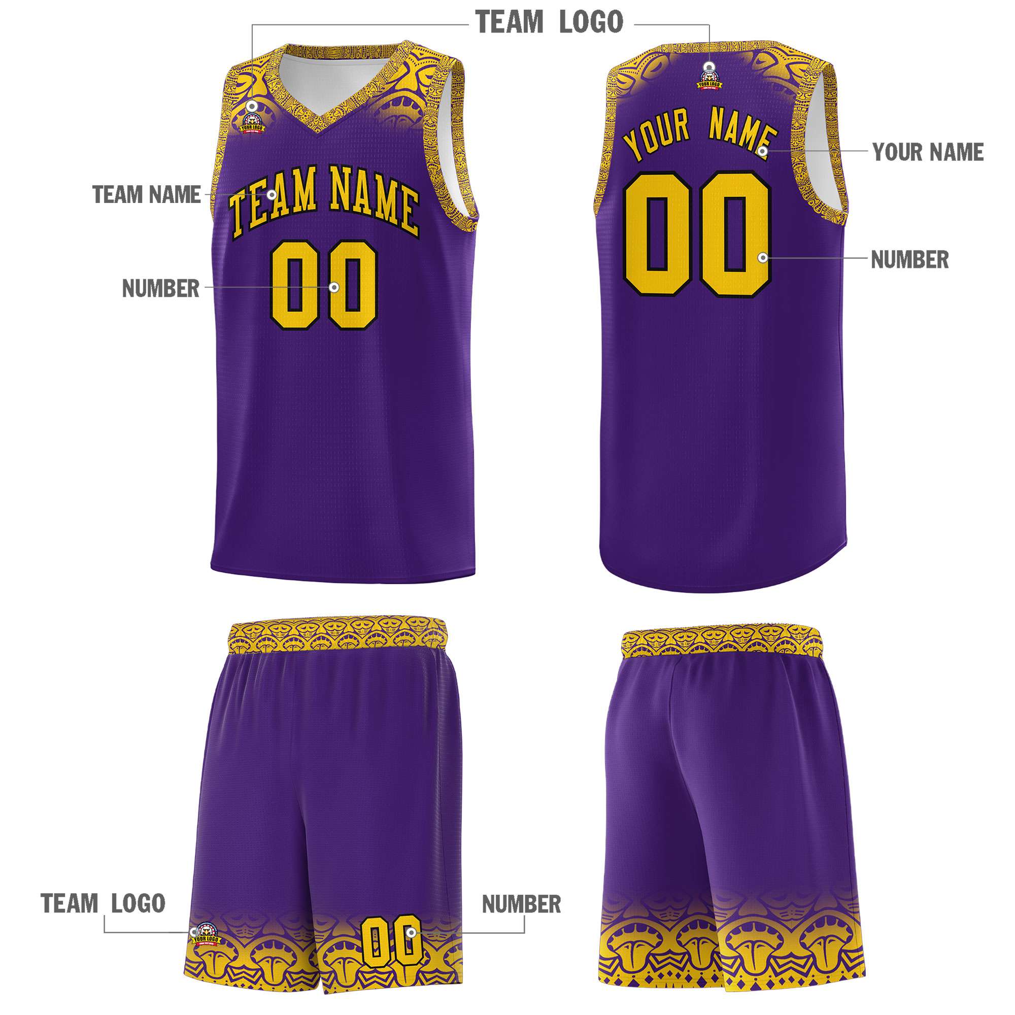 Custom Purple Gold Personalized Indians Print Kits Sports Uniform Basketball Jersey|KXKSHOP