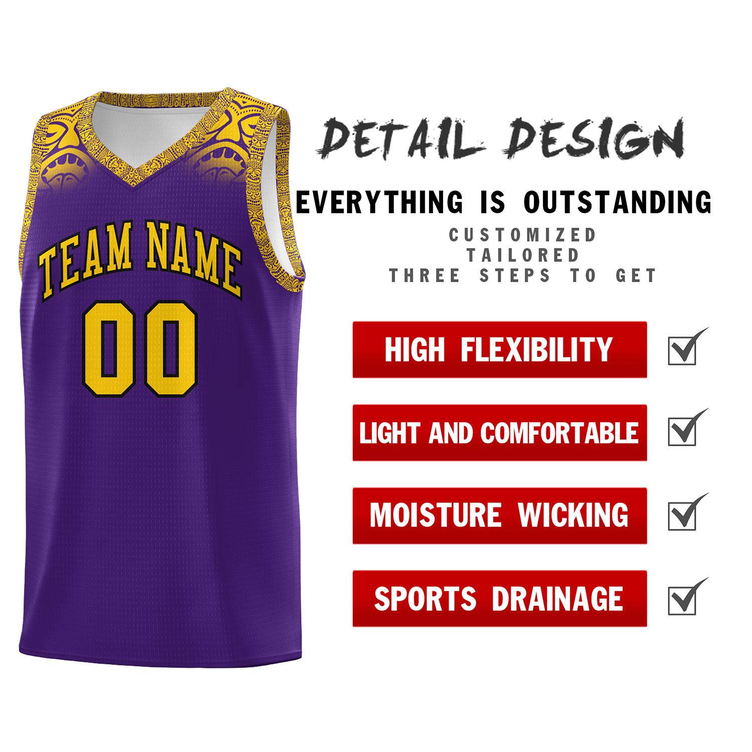 Custom Purple Gold Personalized Indians Print Kits Sports Uniform Basketball Jersey|KXKSHOP