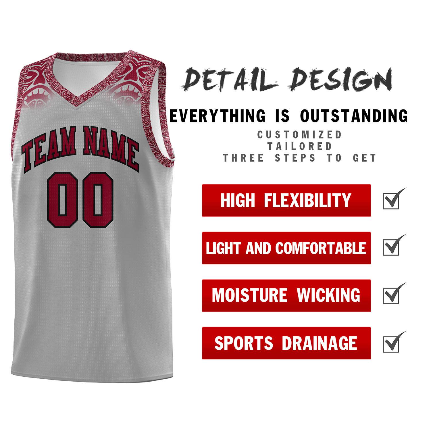 Custom Gray Crimson Personalized Indians Print Kits Sports Uniform Basketball Jersey|KXKSHOP