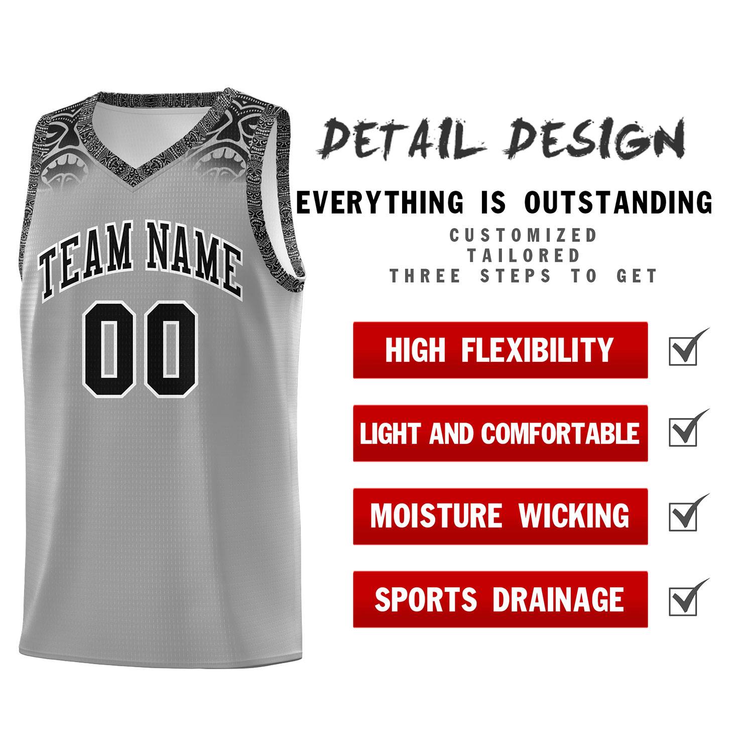 Custom Gray Black Personalized Indians Print Kits Sports Uniform Basketball Jersey|KXKSHOP