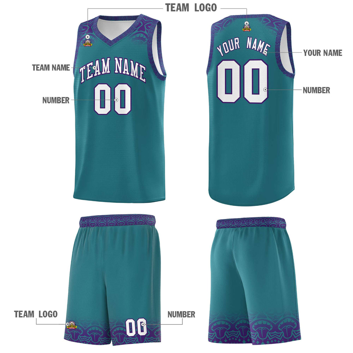 Custom Aqua Purple Personalized Indians Print Kits Sports Uniform Basketball Jersey|KXKSHOP