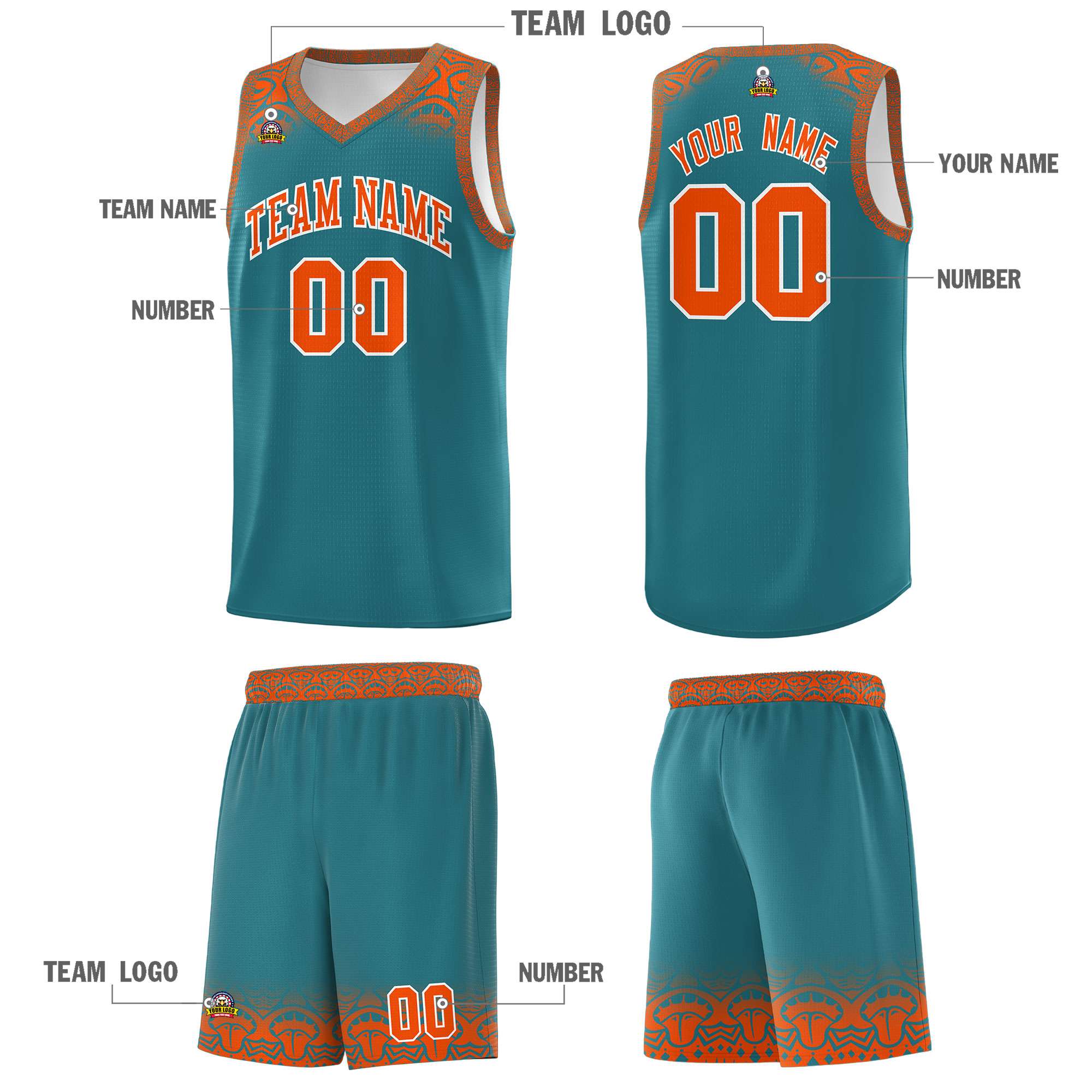 Custom Aqua Orange Personalized Indians Print Kits Sports Uniform Basketball Jersey|KXKSHOP