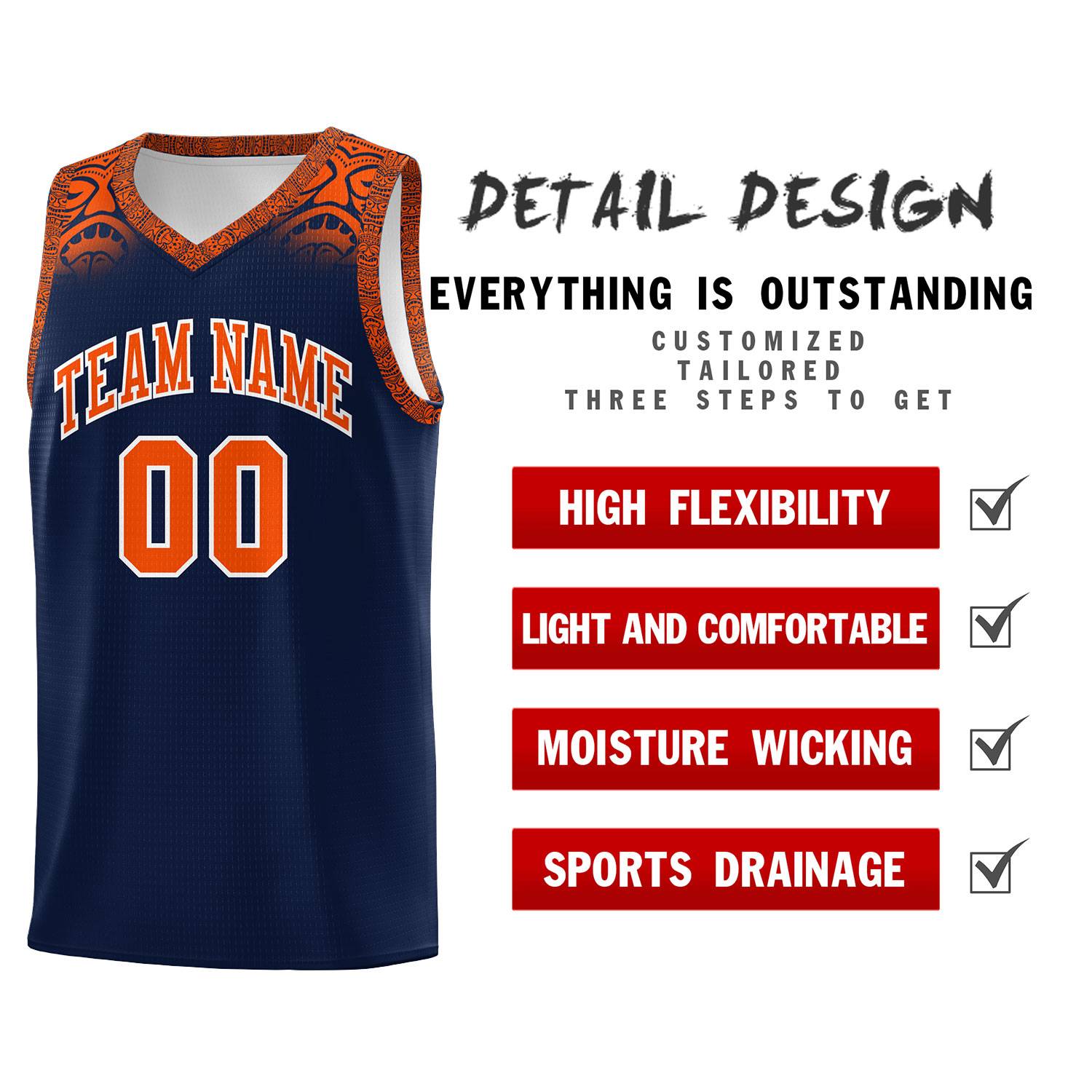 Custom Navy Orange Personalized Indians Print Kits Sports Uniform Basketball Jersey|KXKSHOP