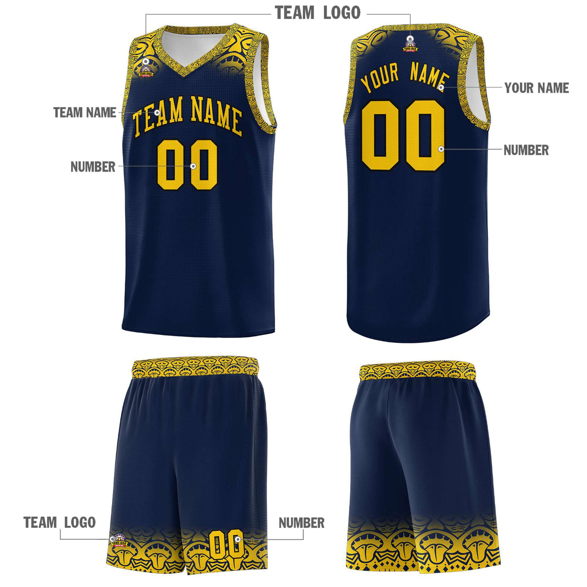 Custom Navy Gold Personalized Indians Print Kits Sports Uniform Basketball Jersey|KXKSHOP
