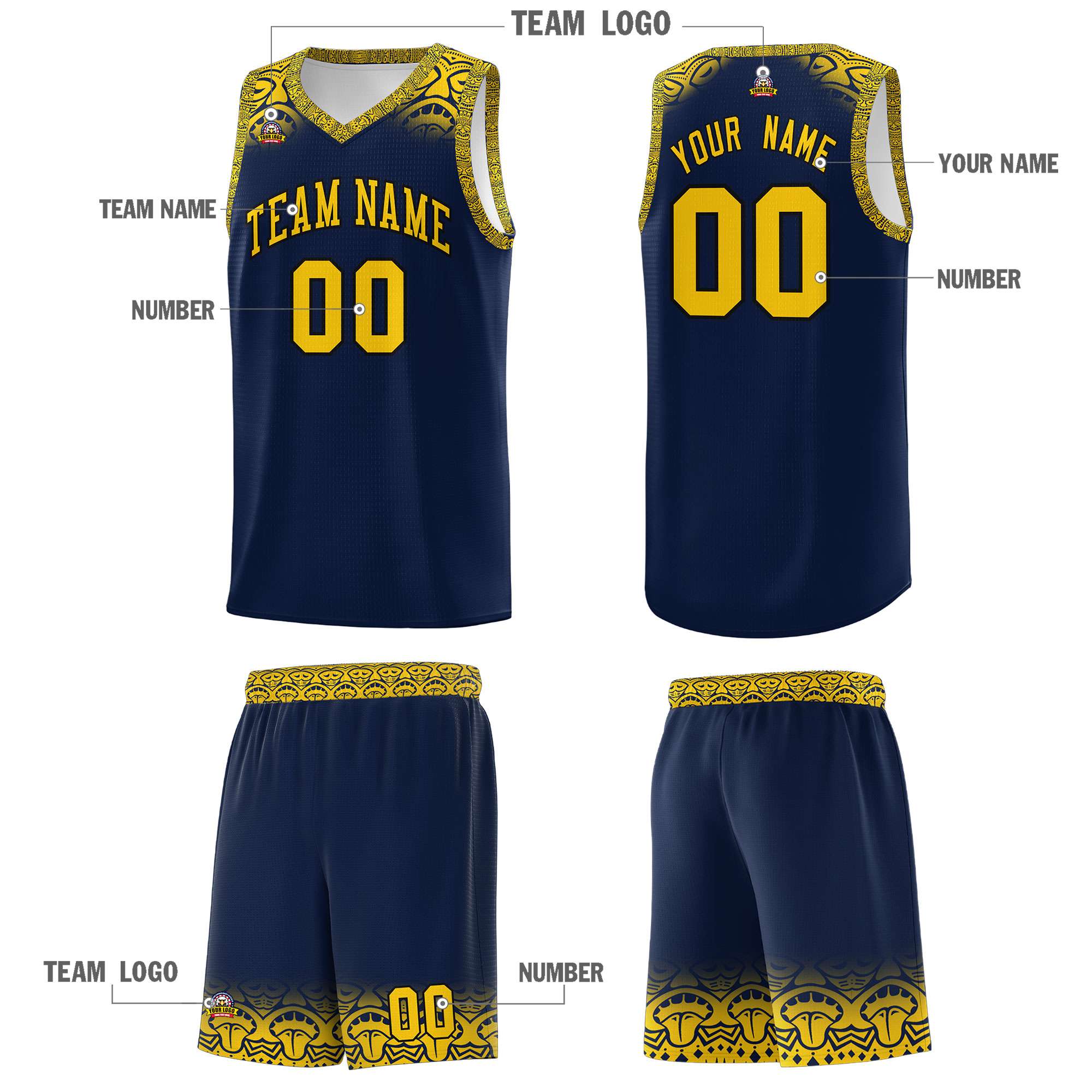 Custom Navy Gold Personalized Indians Print Kits Sports Uniform Basketball Jersey|KXKSHOP