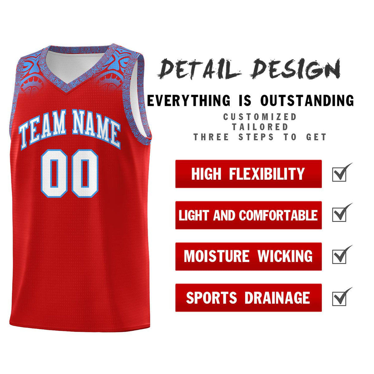 Custom Red Powder Blue Personalized Indians Print Kits Sports Uniform Basketball Jersey|KXKSHOP