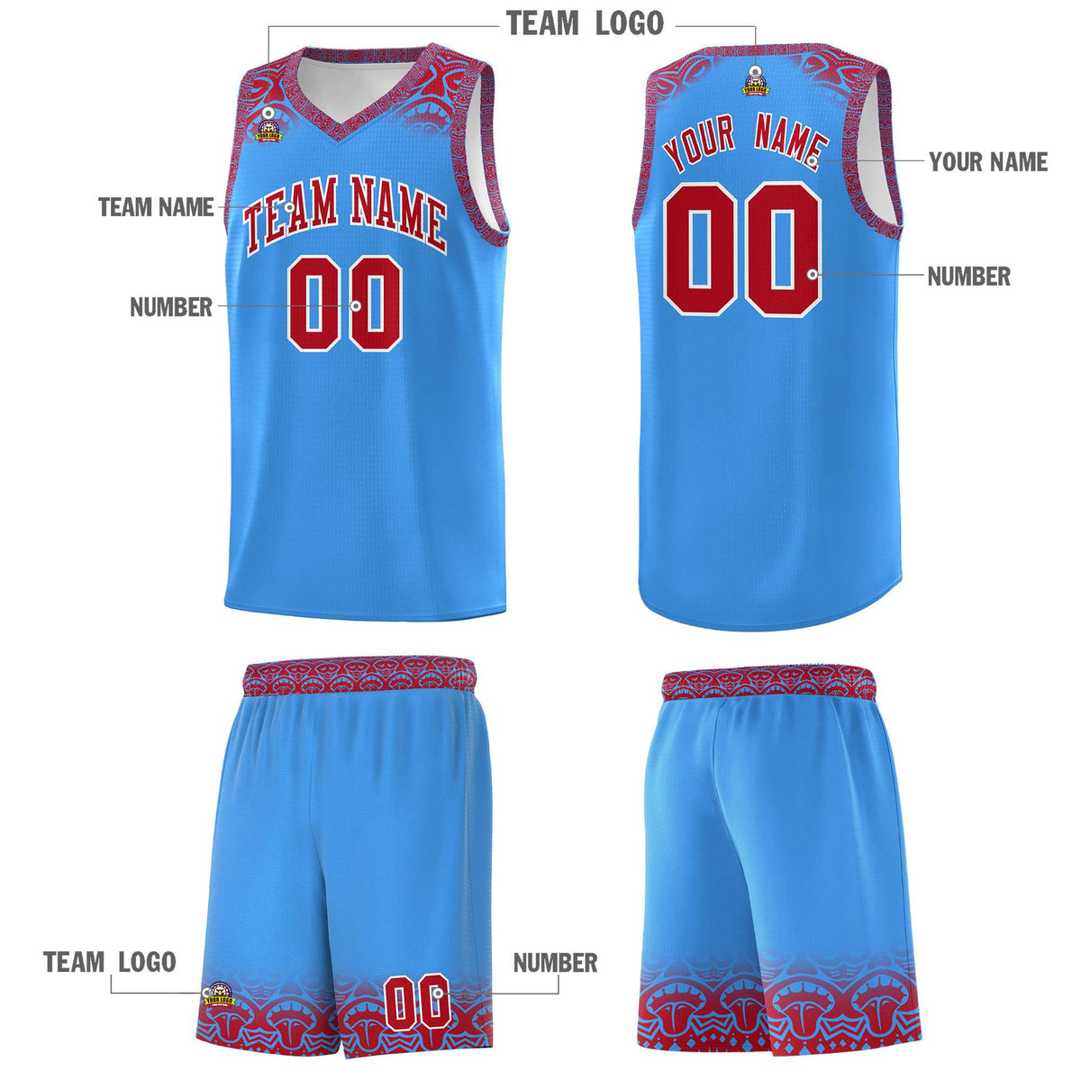 Custom Powder Blue Red Personalized Indians Print Kits Sports Uniform Basketball Jersey|KXKSHOP