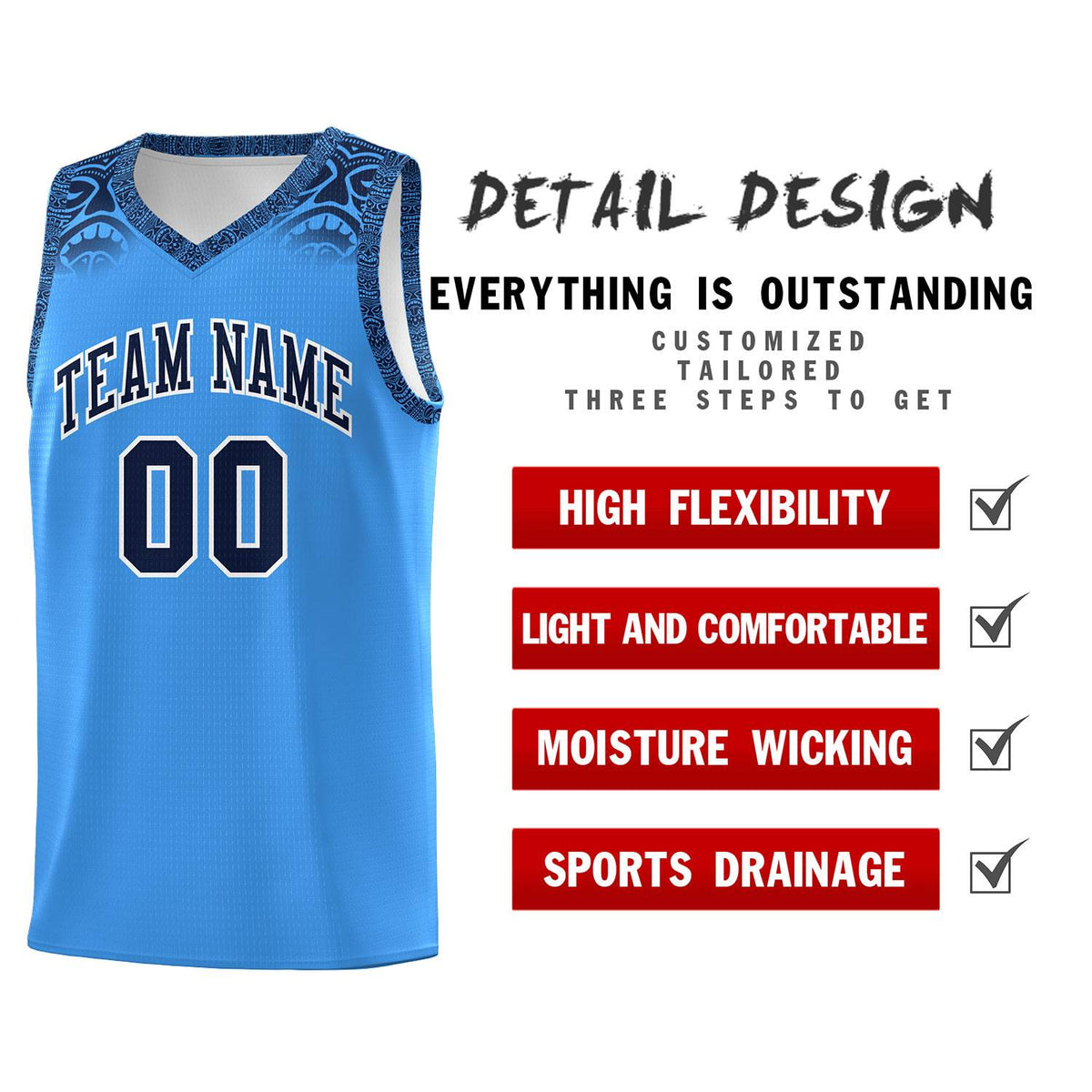 Custom Powder Blue Black Personalized Indians Print Kits Sports Uniform Basketball Jersey|KXKSHOP