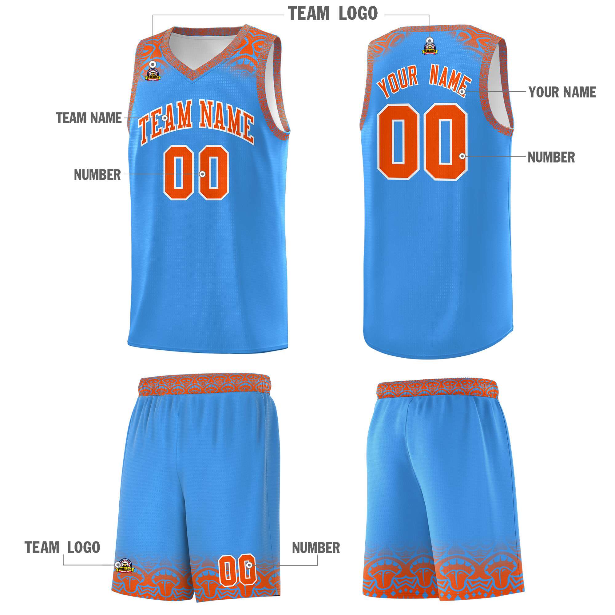 Custom Powder Blue Orange Personalized Indians Print Kits Sports Uniform Basketball Jersey|KXKSHOP