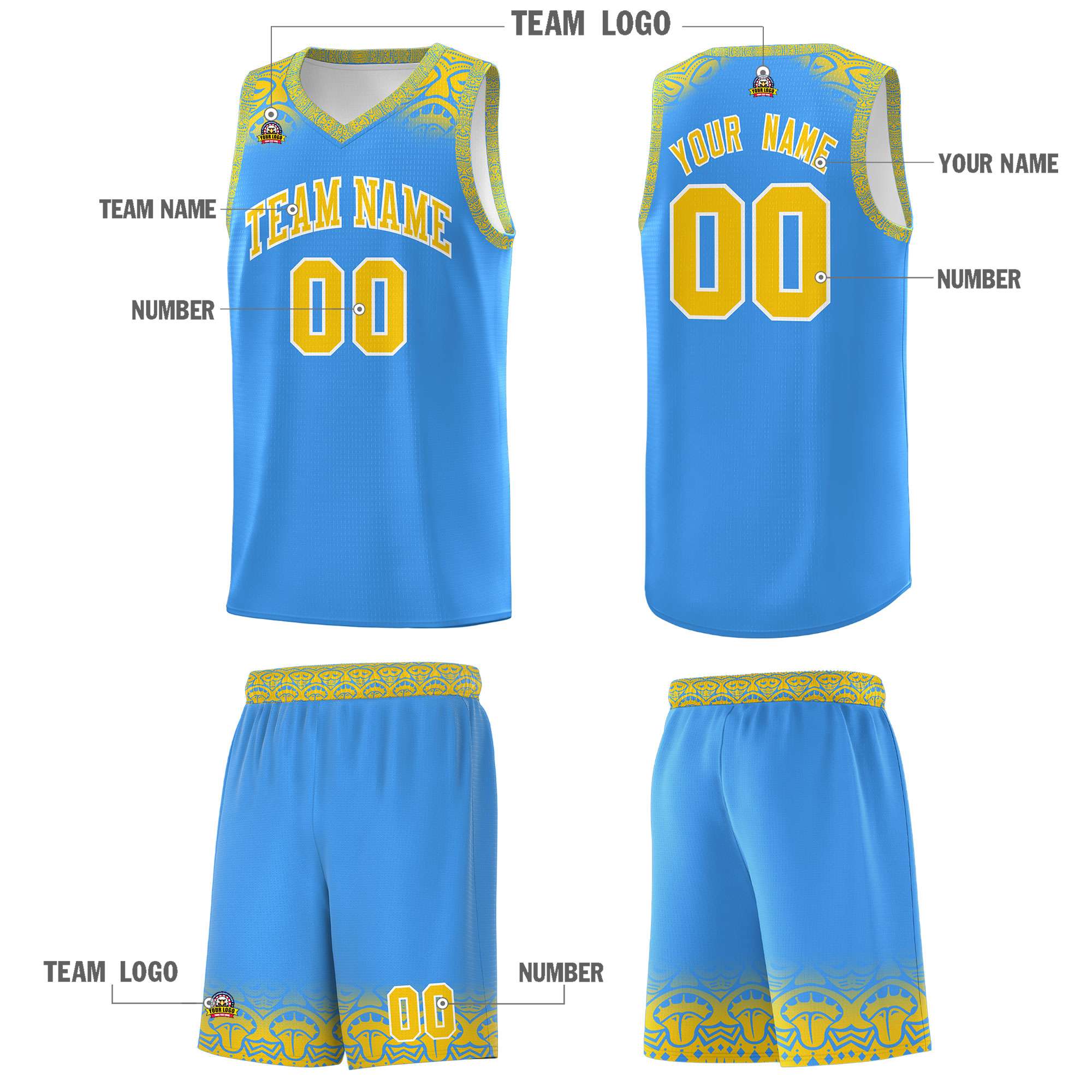 Custom Powder Blue Gold Personalized Indians Print Kits Sports Uniform Basketball Jersey|KXKSHOP