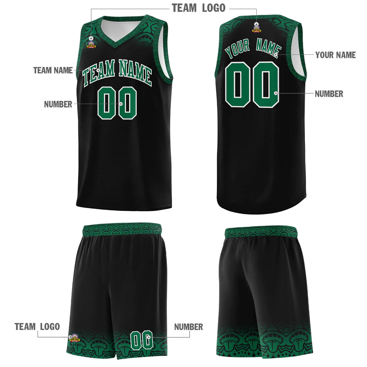 Custom Black Kelly Green Personalized Indians Print Kits Sports Uniform Basketball Jersey|KXKSHOP