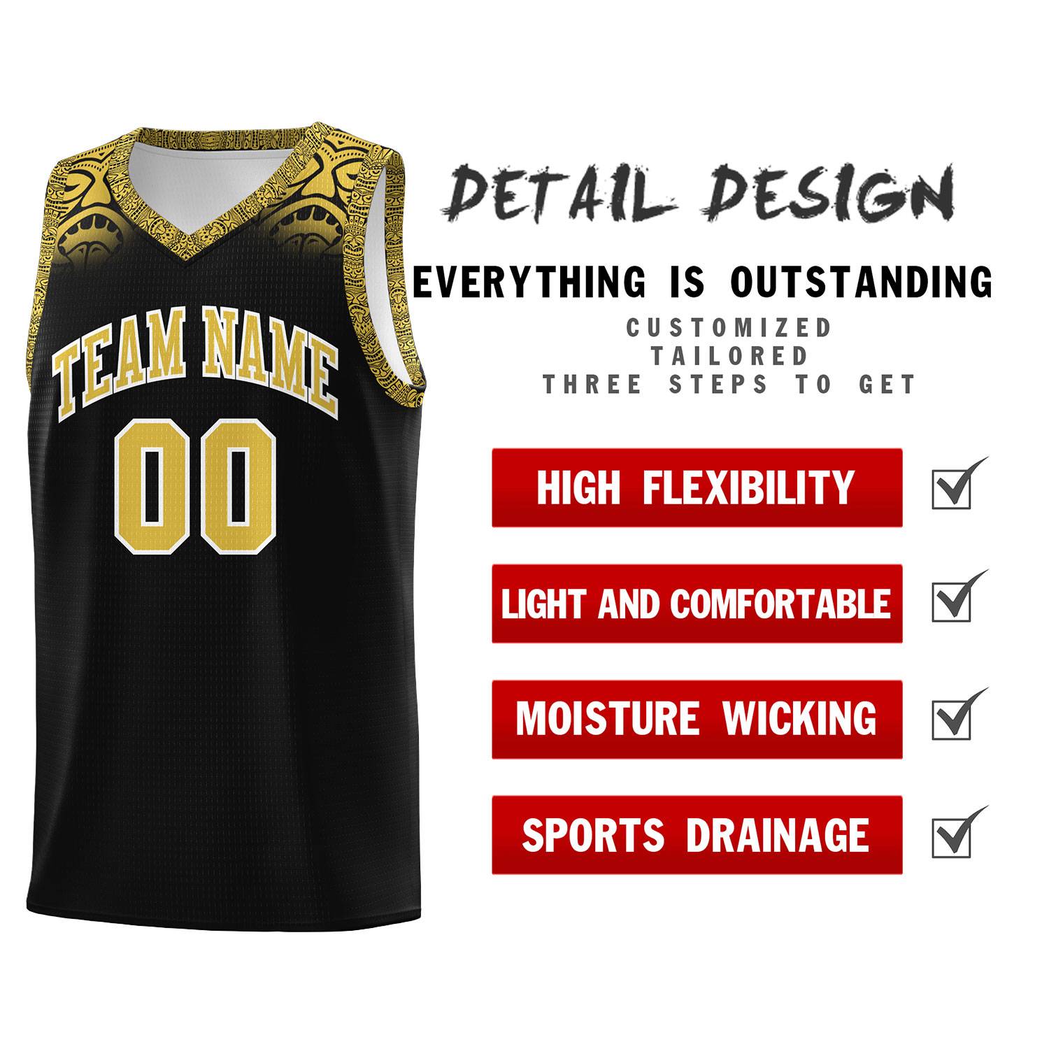 Custom Black Yellow Personalized Indians Print Kits Sports Uniform Basketball Jersey|KXKSHOP