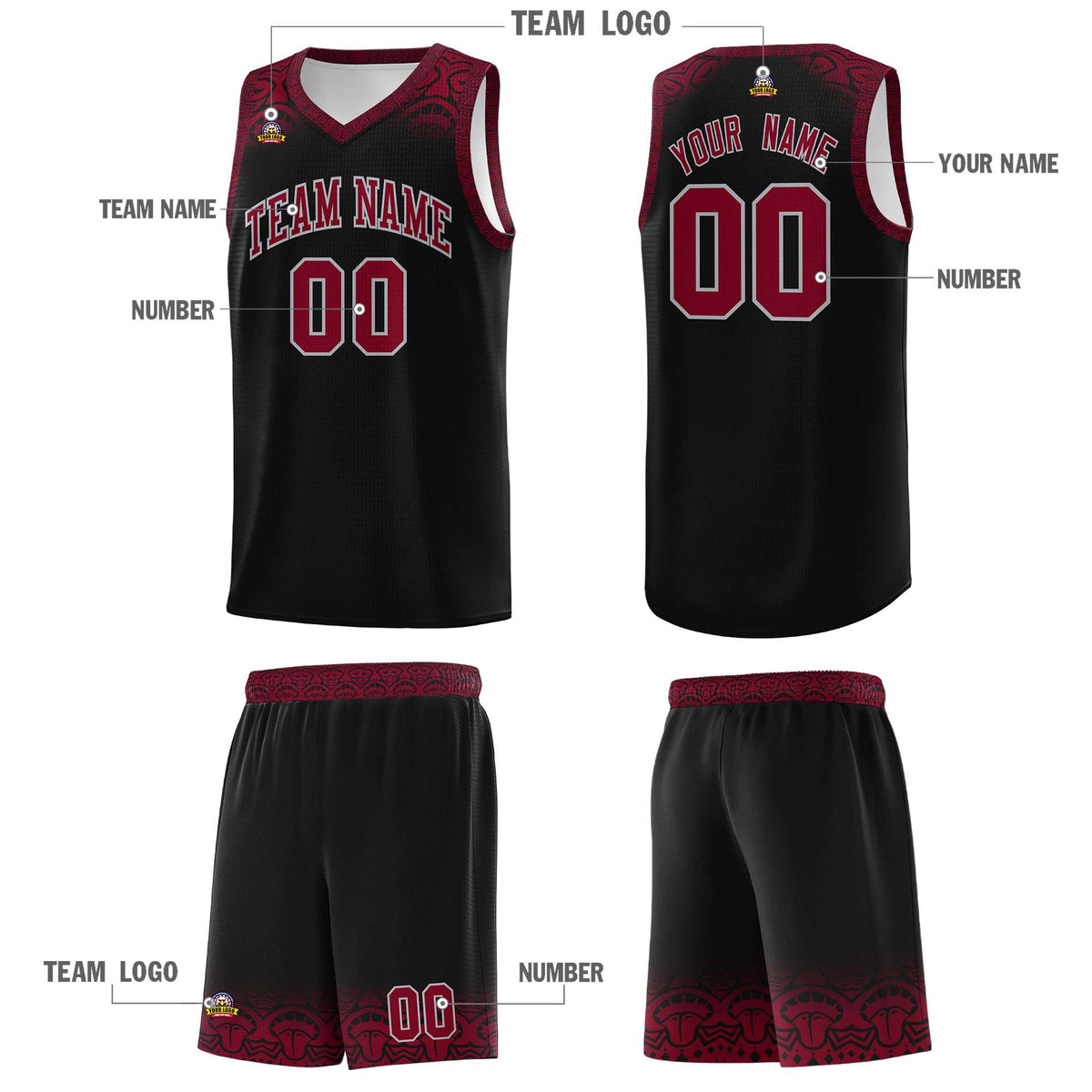 Custom Black Crimson Personalized Indians Print Kits Sports Uniform Basketball Jersey|KXKSHOP