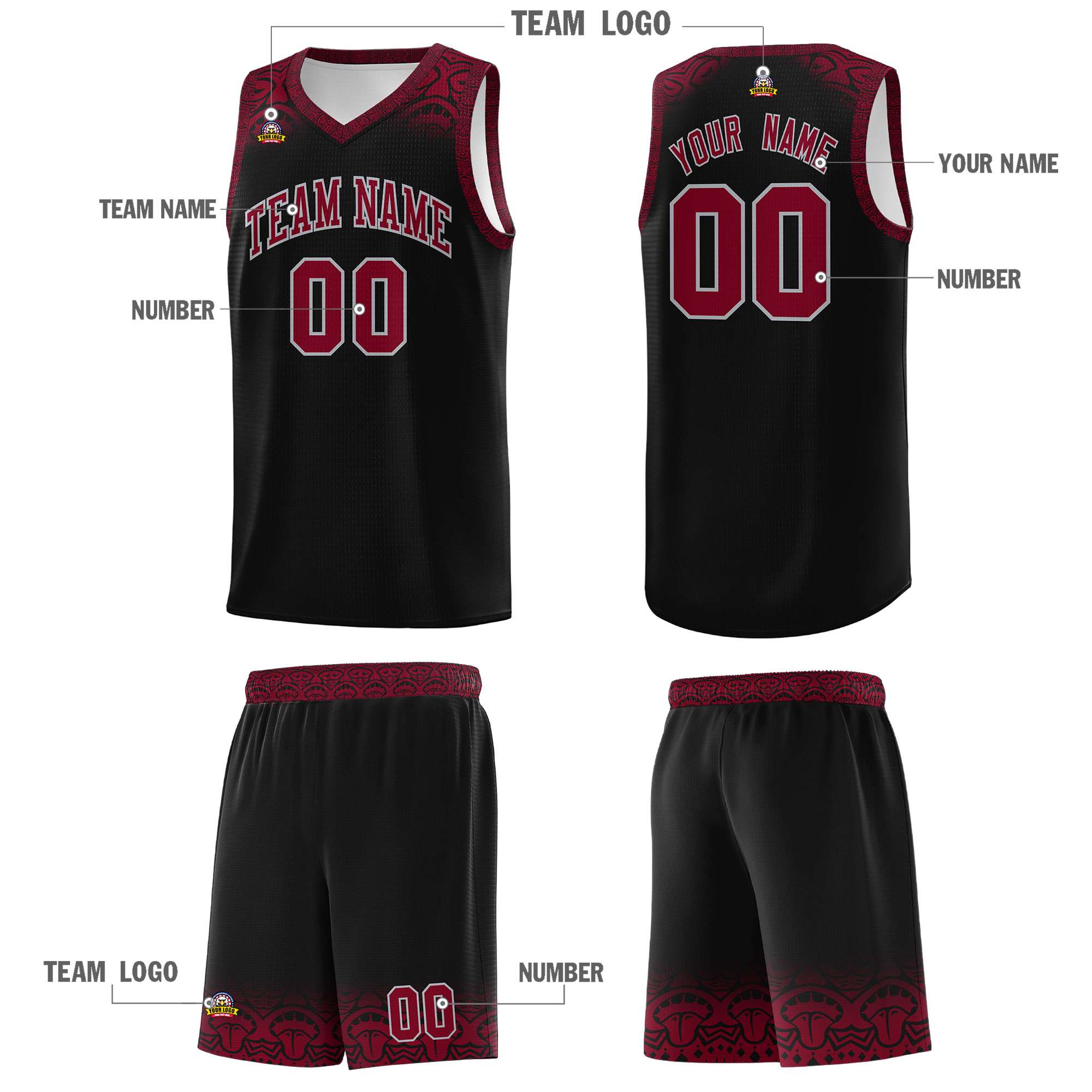 Custom Black Crimson Personalized Indians Print Kits Sports Uniform Basketball Jersey|KXKSHOP