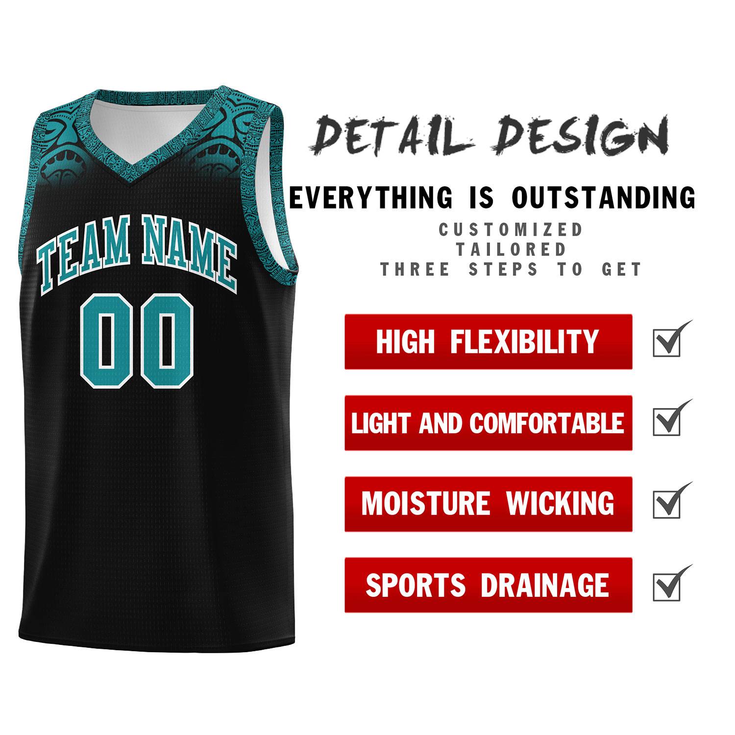 Custom Black Aqua Personalized Indians Print Kits Sports Uniform Basketball Jersey|KXKSHOP