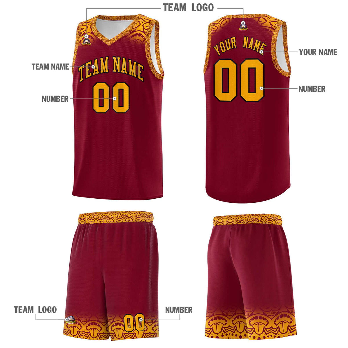 Custom Crimson Yellow Personalized Indians Print Kits Sports Uniform Basketball Jersey|KXKSHOP