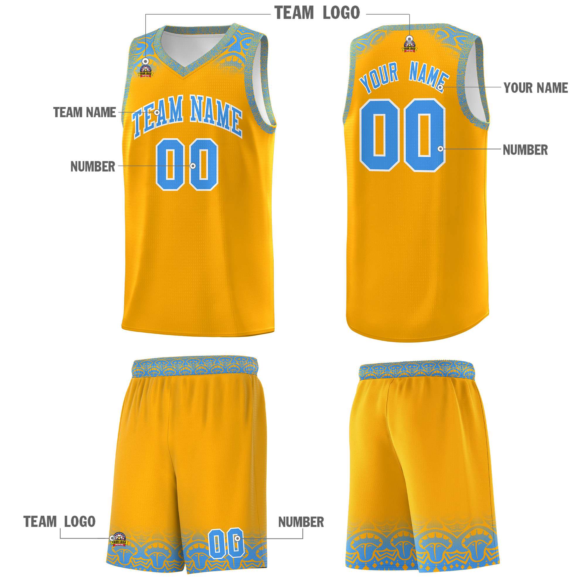 Custom Yellow Powder Blue Personalized Indians Print Kits Sports Uniform Basketball Jersey|KXKSHOP