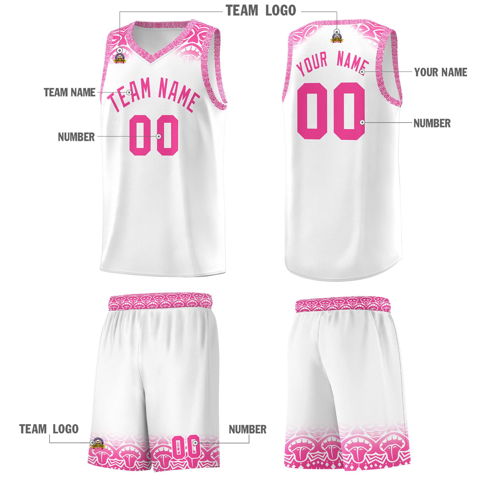 Custom White Pink Personalized Indians Print Kits Sports Uniform Basketball Jersey|KXKSHOP