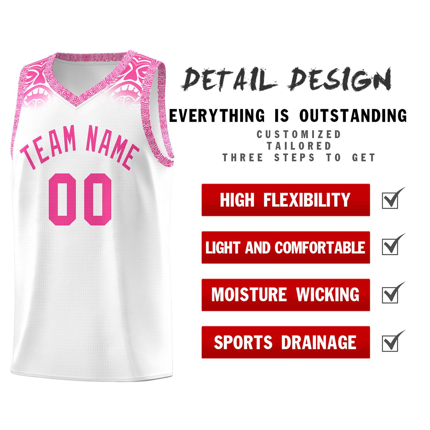 Custom White Pink Personalized Indians Print Kits Sports Uniform Basketball Jersey|KXKSHOP