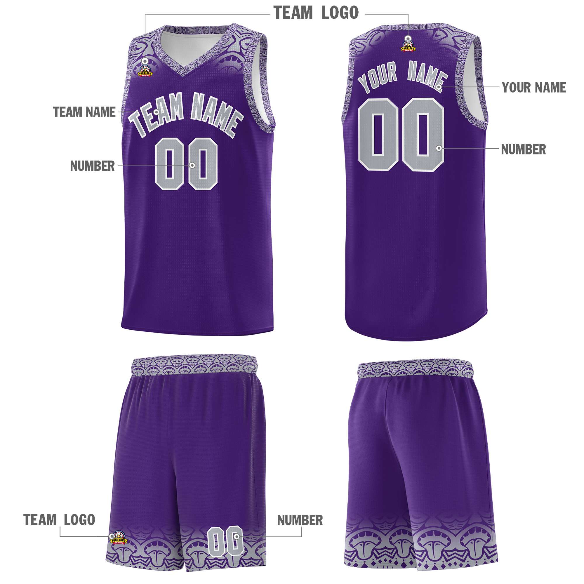 Custom Purple Gray Personalized Indians Print Kits Sports Uniform Basketball Jersey|KXKSHOP