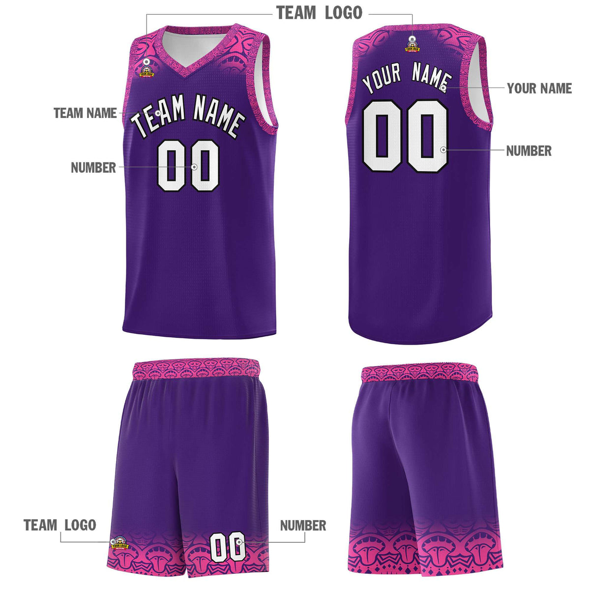 Custom Purple Pink Personalized Indians Print Kits Sports Uniform Basketball Jersey|KXKSHOP