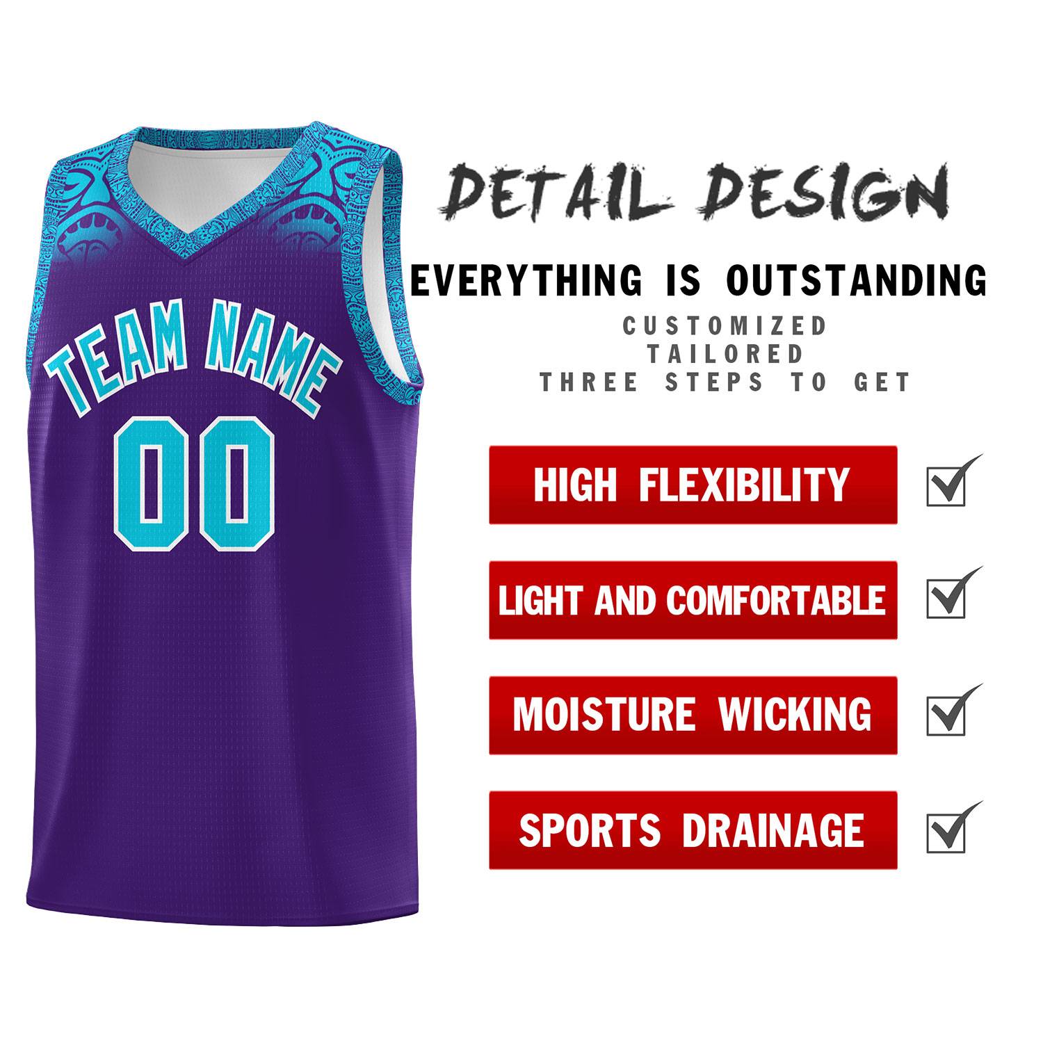 Custom Purple Sky Blue Personalized Indians Print Kits Sports Uniform Basketball Jersey|KXKSHOP