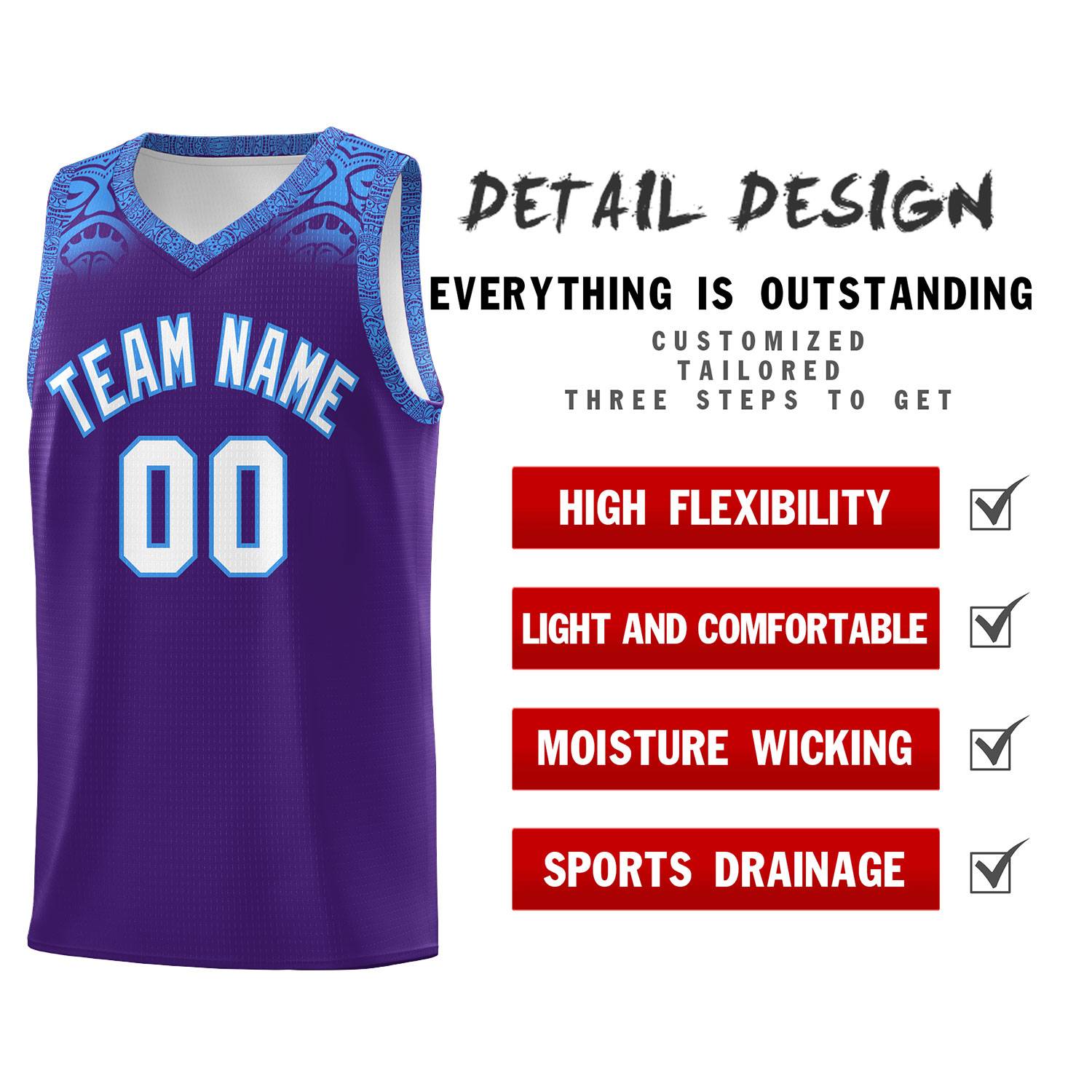 Custom Purple Powder Blue Personalized Indians Print Kits Sports Uniform Basketball Jersey|KXKSHOP