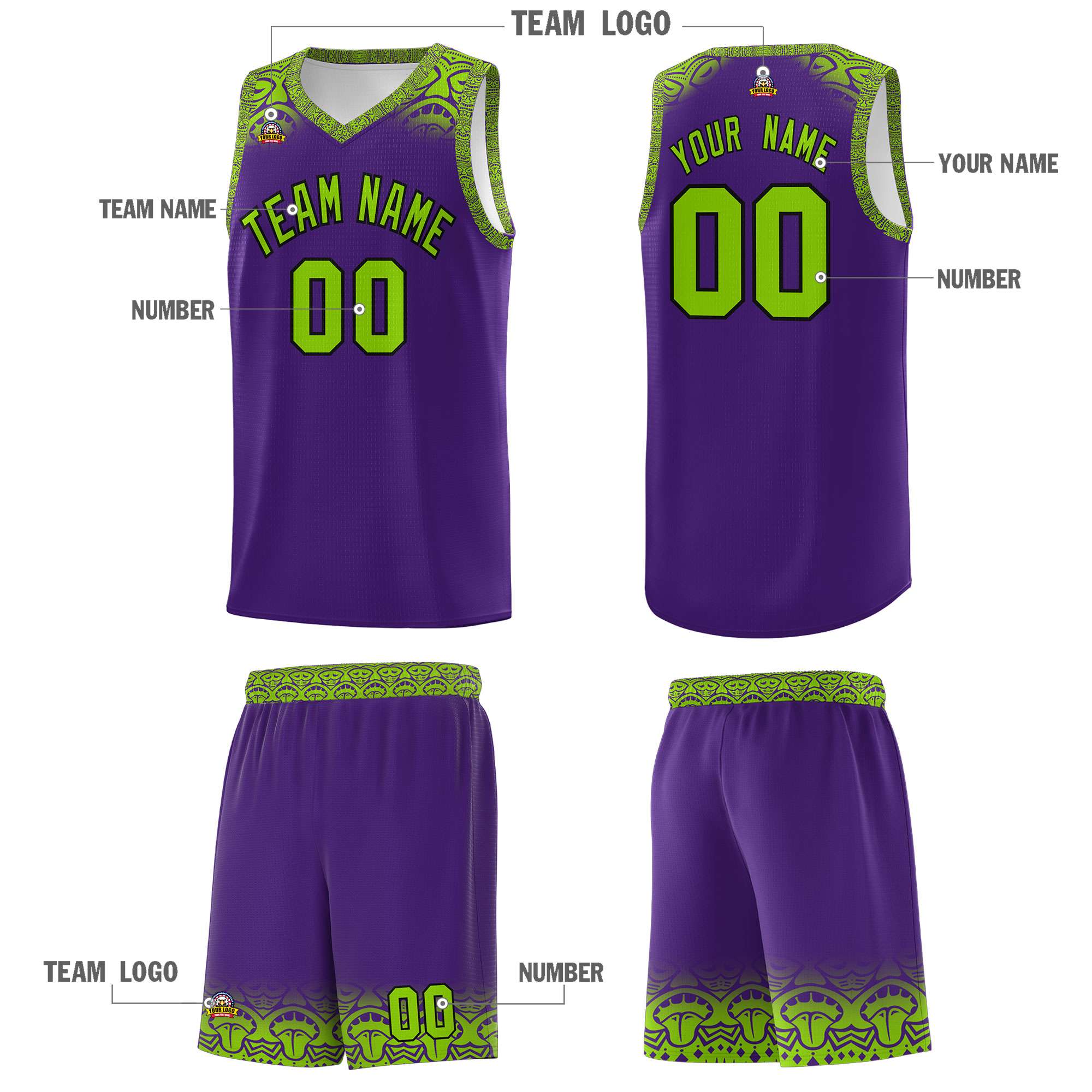 Custom Purple Green Personalized Indians Print Kits Sports Uniform Basketball Jersey|KXKSHOP