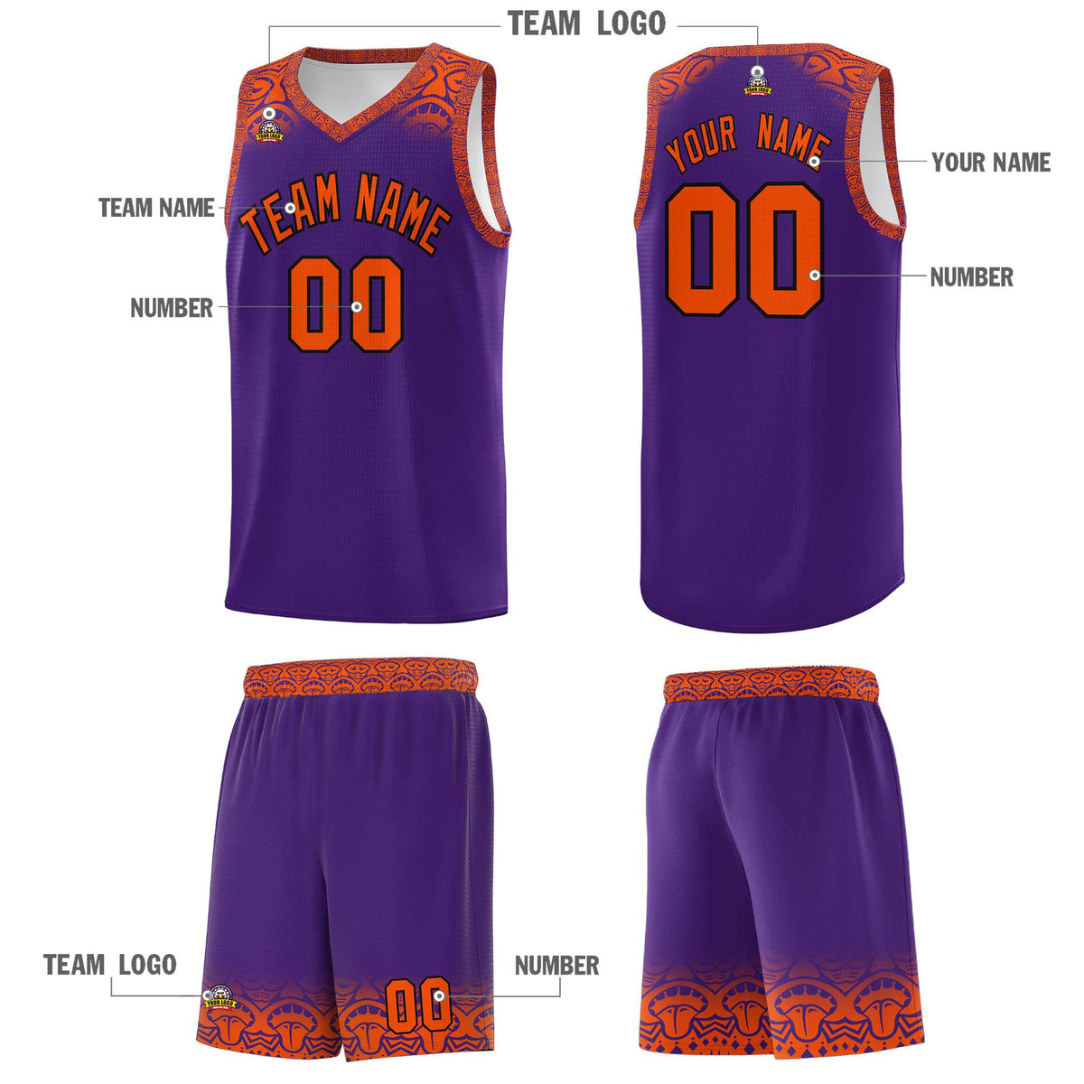 Custom Purple Orange Personalized Indians Print Kits Sports Uniform Basketball Jersey|KXKSHOP