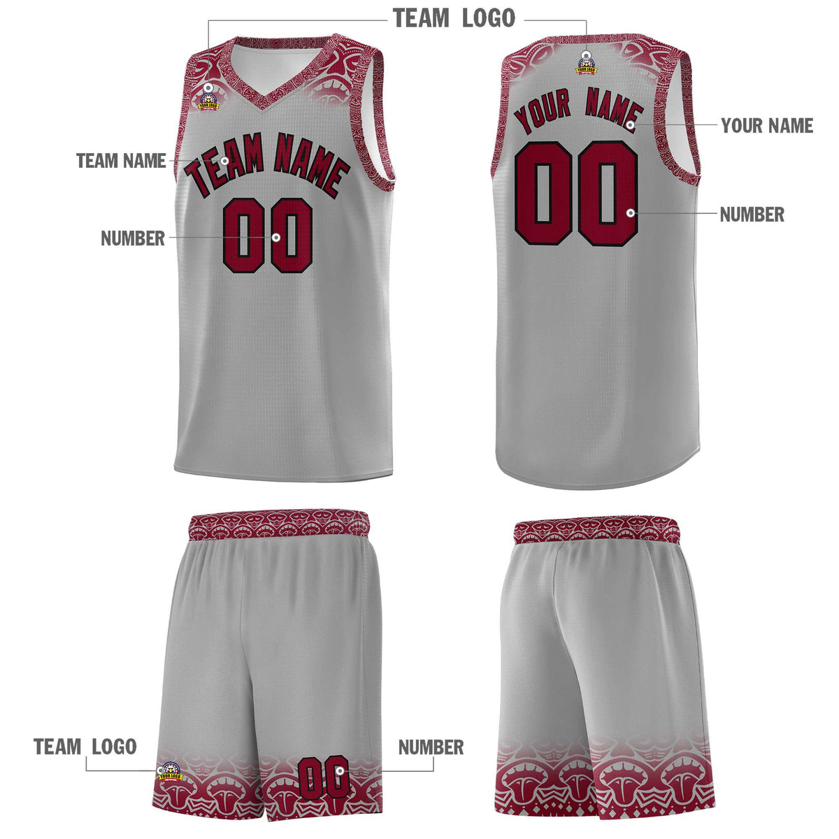 Custom Gray Crimson Personalized Indians Print Kits Sports Uniform Basketball Jersey|KXKSHOP