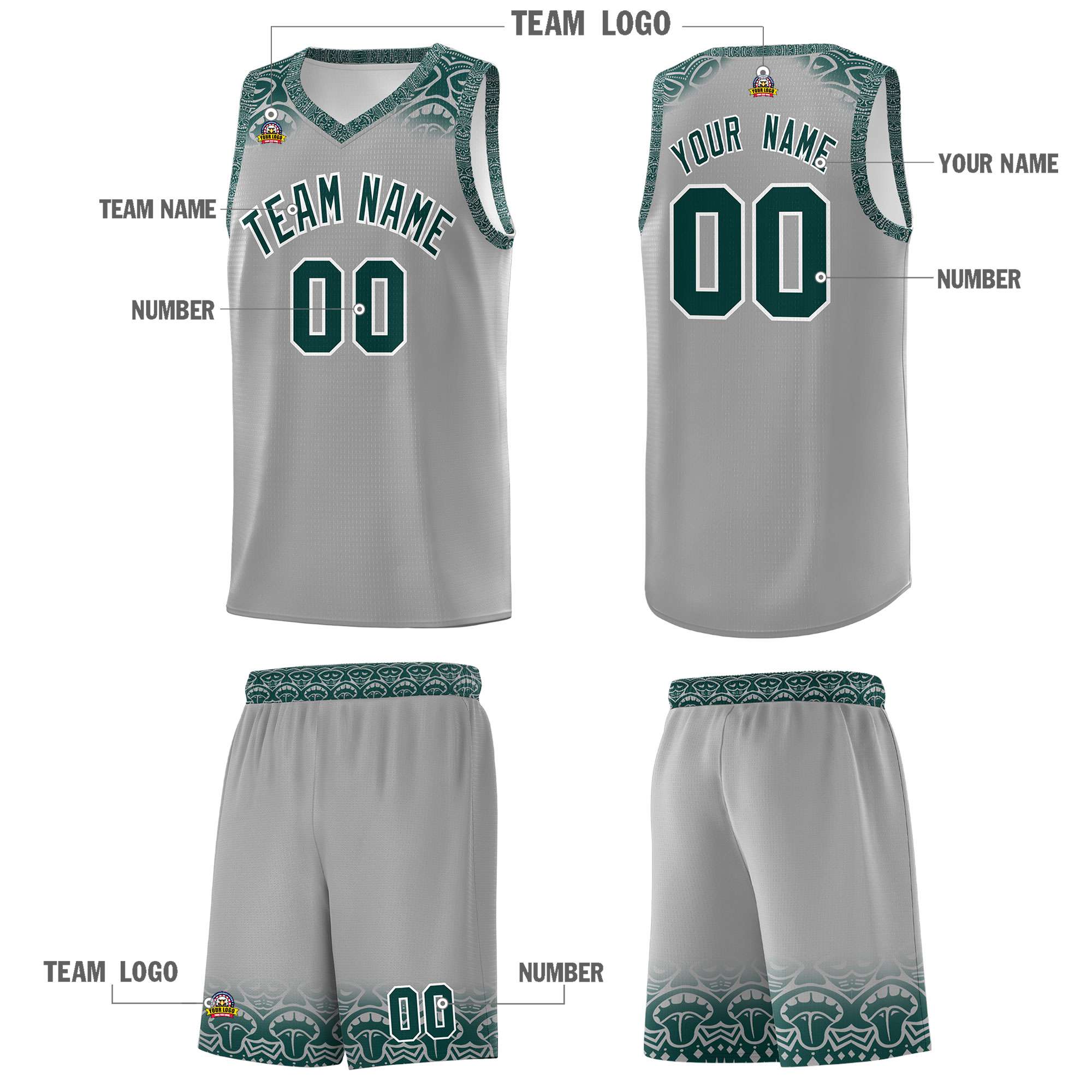 Custom Gray Midnight Green Personalized Indians Print Kits Sports Uniform Basketball Jersey|KXKSHOP