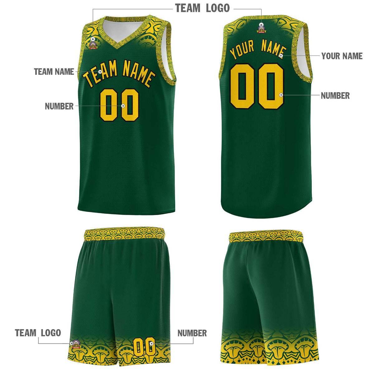 Custom Green Gold Personalized Indians Print Kits Sports Uniform Basketball Jersey|KXKSHOP