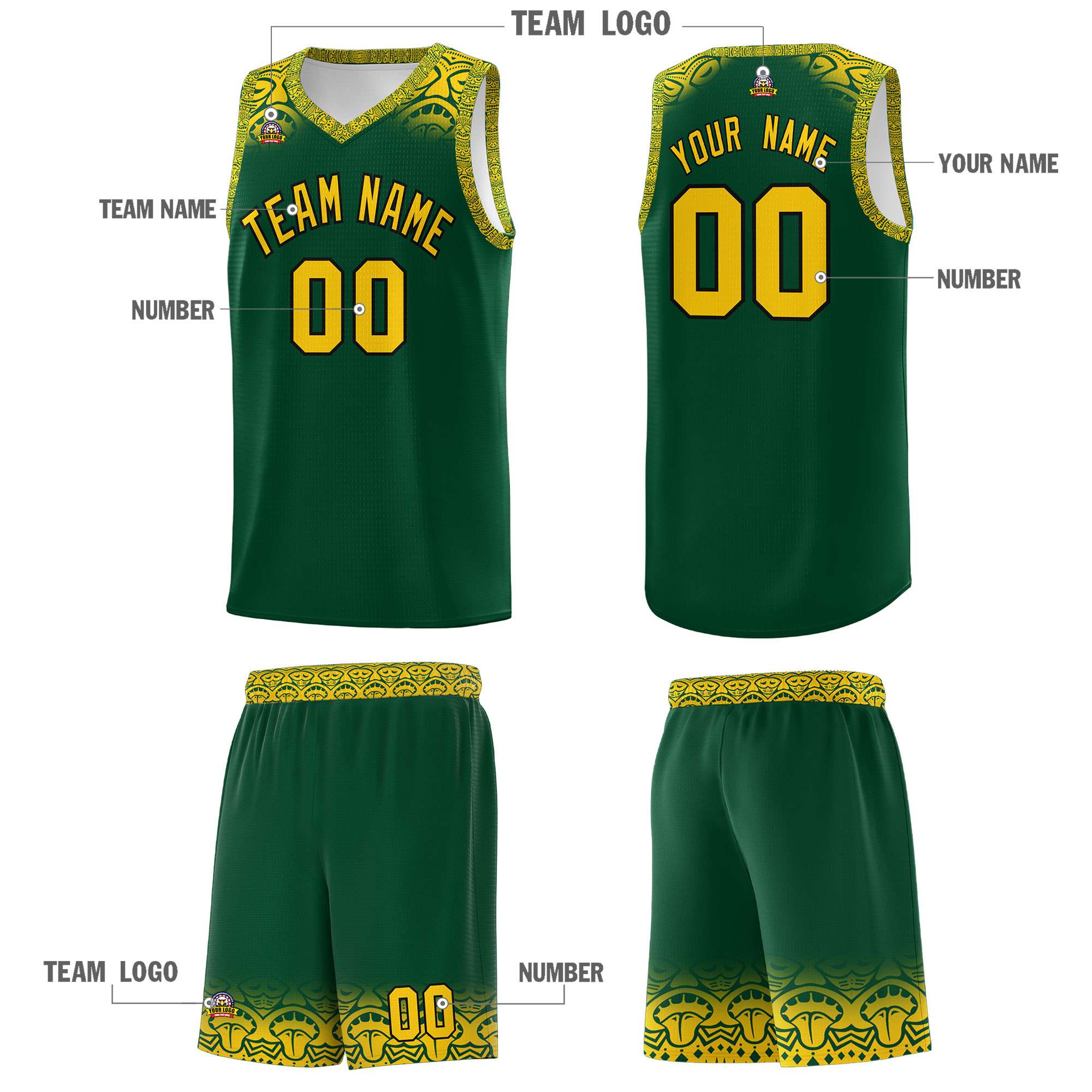 Custom Green Gold Personalized Indians Print Kits Sports Uniform Basketball Jersey|KXKSHOP