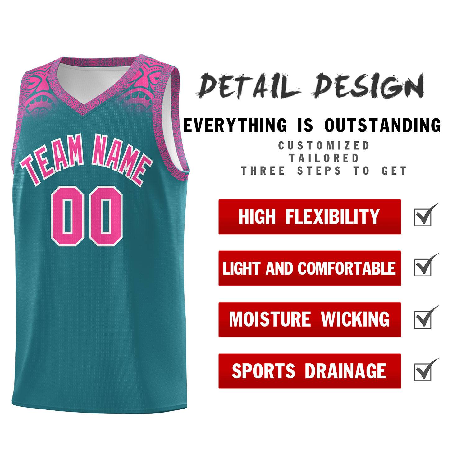 Custom Aqua Pink Personalized Indians Print Kits Sports Uniform Basketball Jersey|KXKSHOP