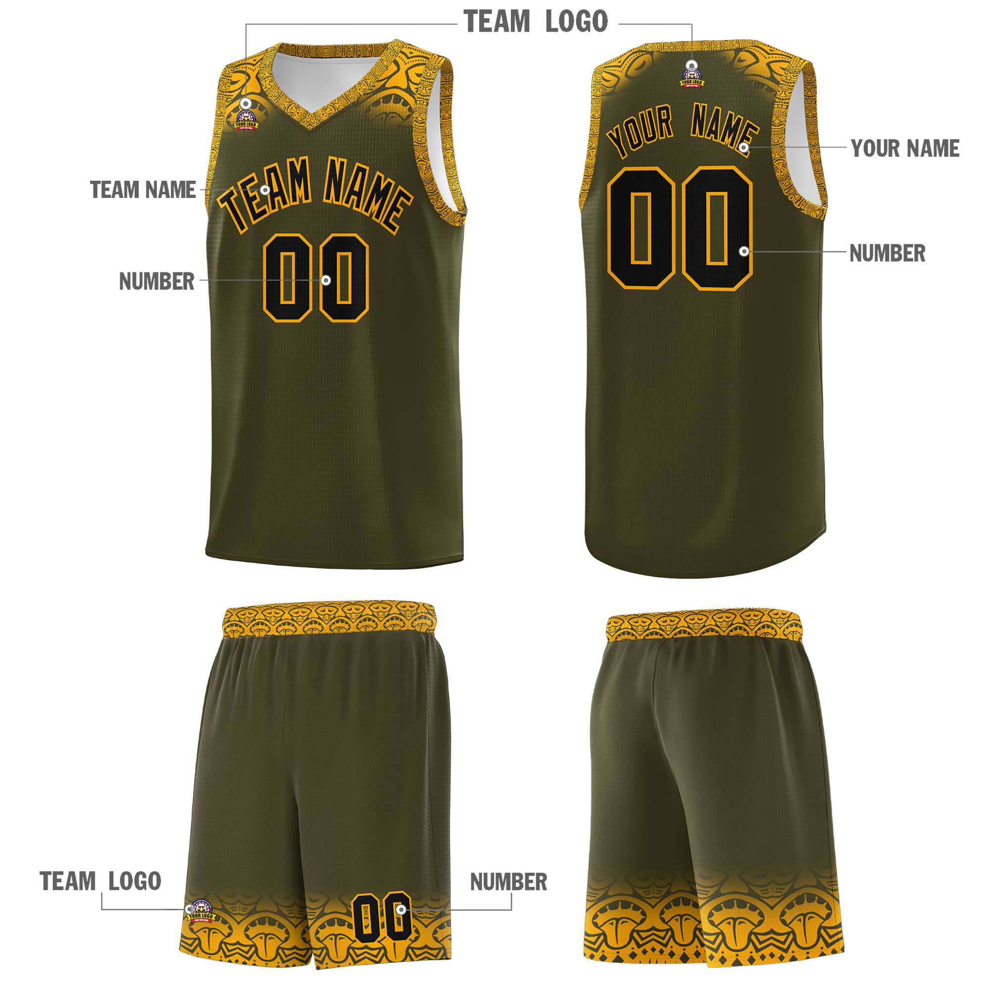 Custom Olive Yellow Personalized Indians Print Kits Sports Uniform Basketball Jersey|KXKSHOP