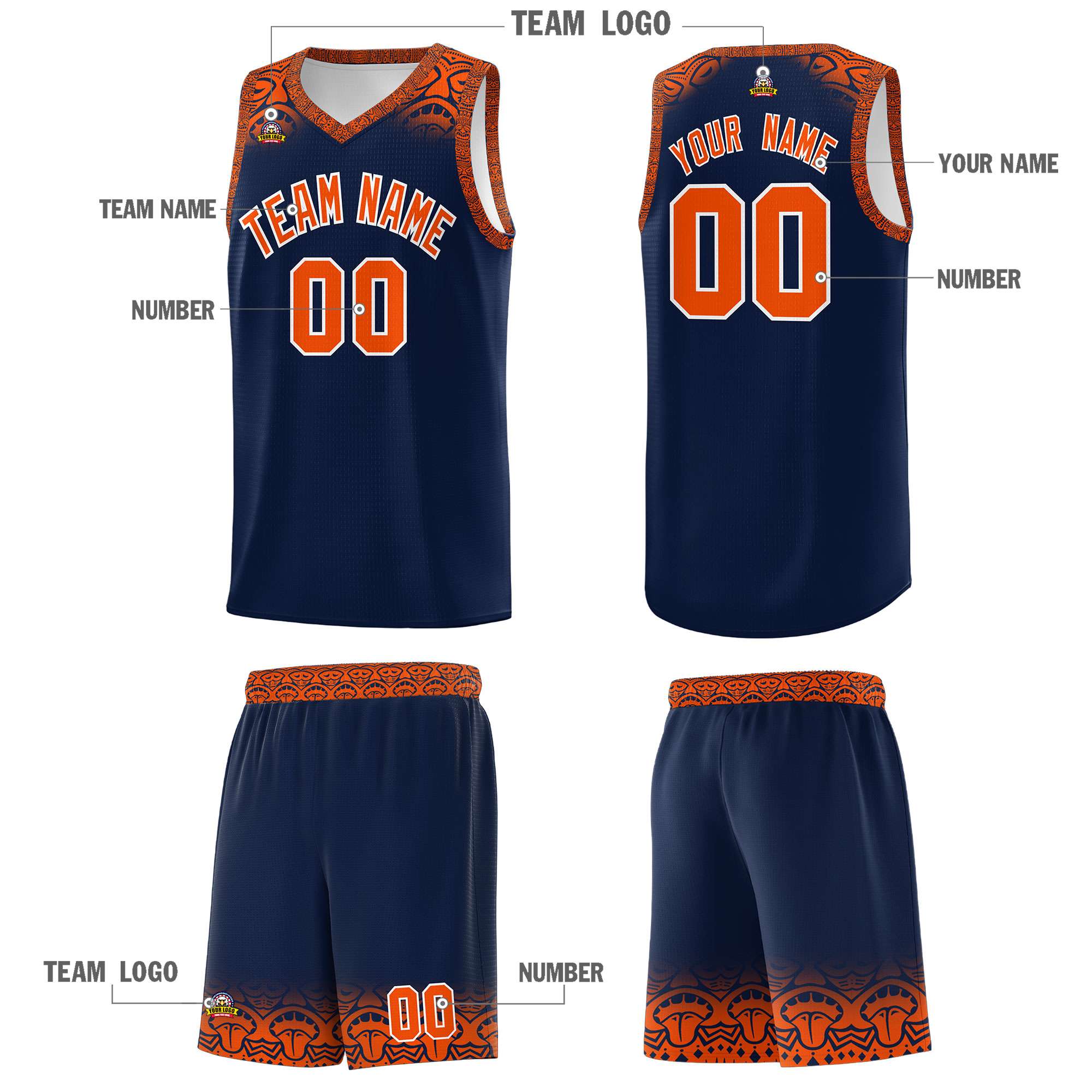 Custom Navy Orange Personalized Indians Print Kits Sports Uniform Basketball Jersey|KXKSHOP