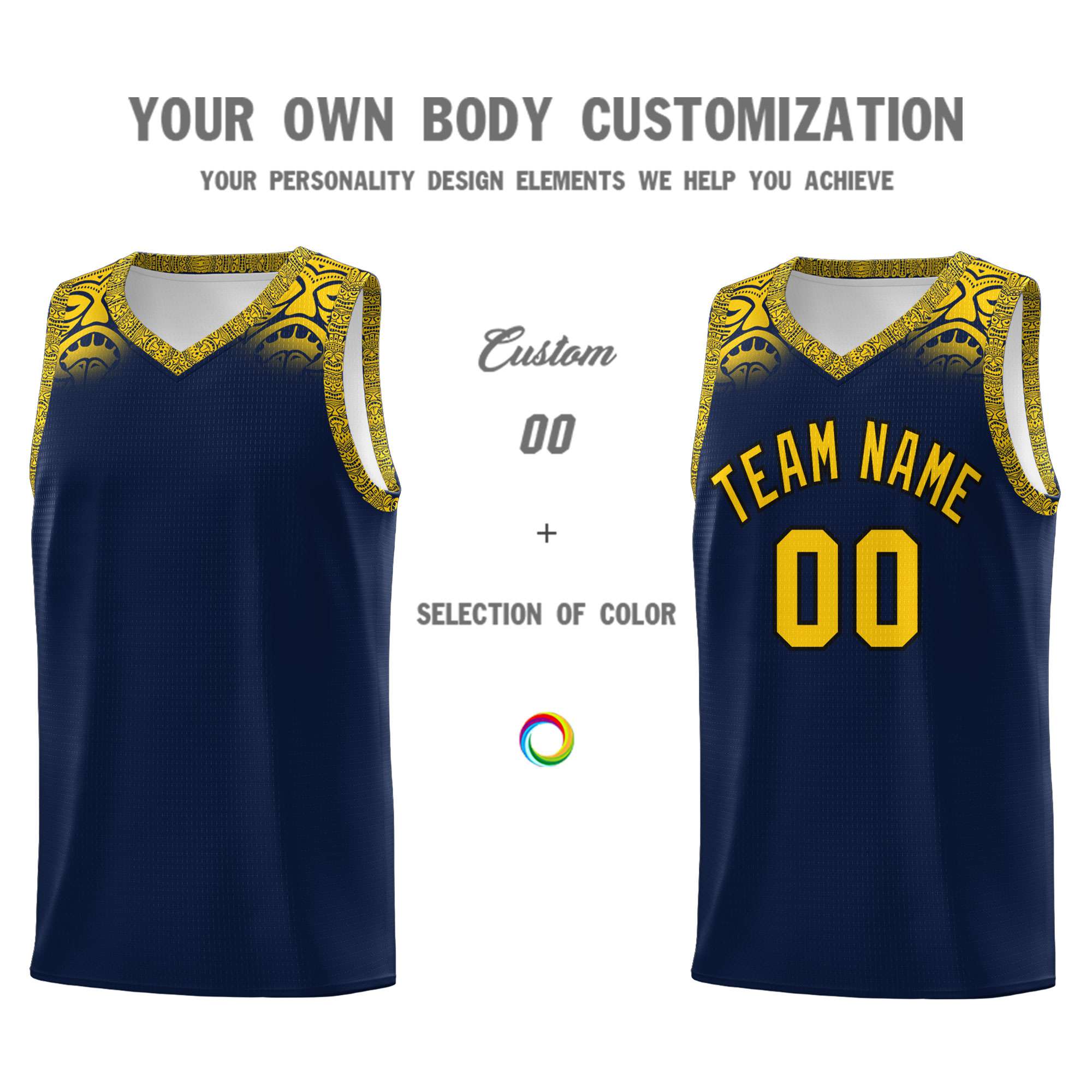 Custom Navy Gold Personalized Indians Print Kits Sports Uniform Basketball Jersey|KXKSHOP
