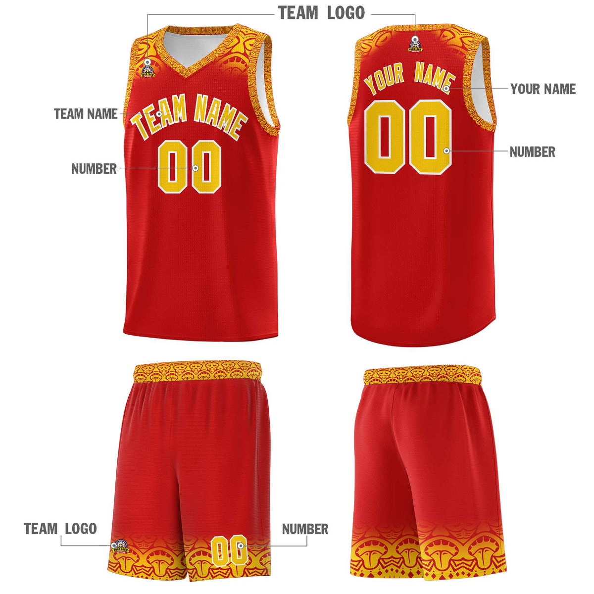 Custom Red Gold Personalized Indians Print Kits Sports Uniform Basketball Jersey|KXKSHOP