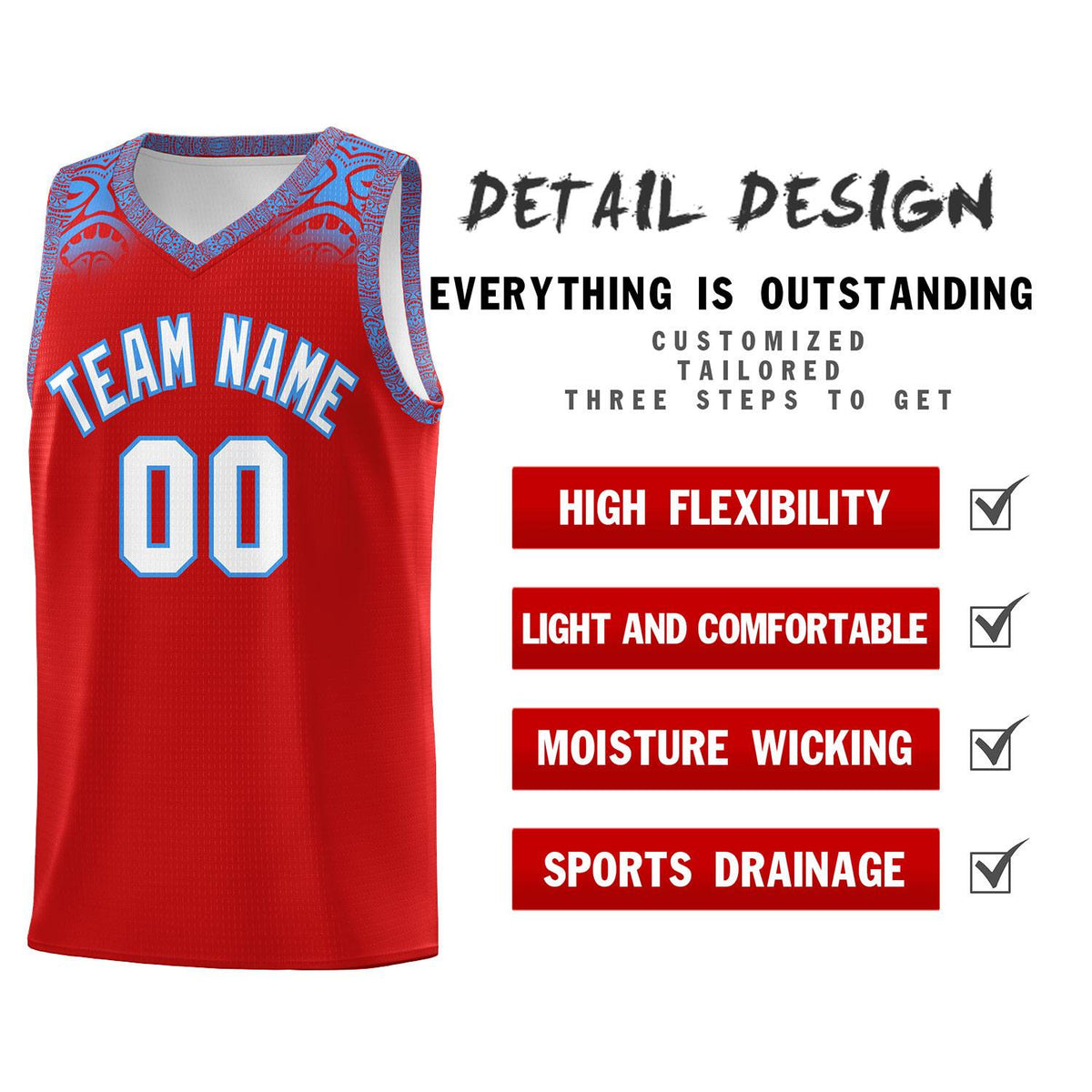 Custom Red Powder Blue Personalized Indians Print Kits Sports Uniform Basketball Jersey|KXKSHOP